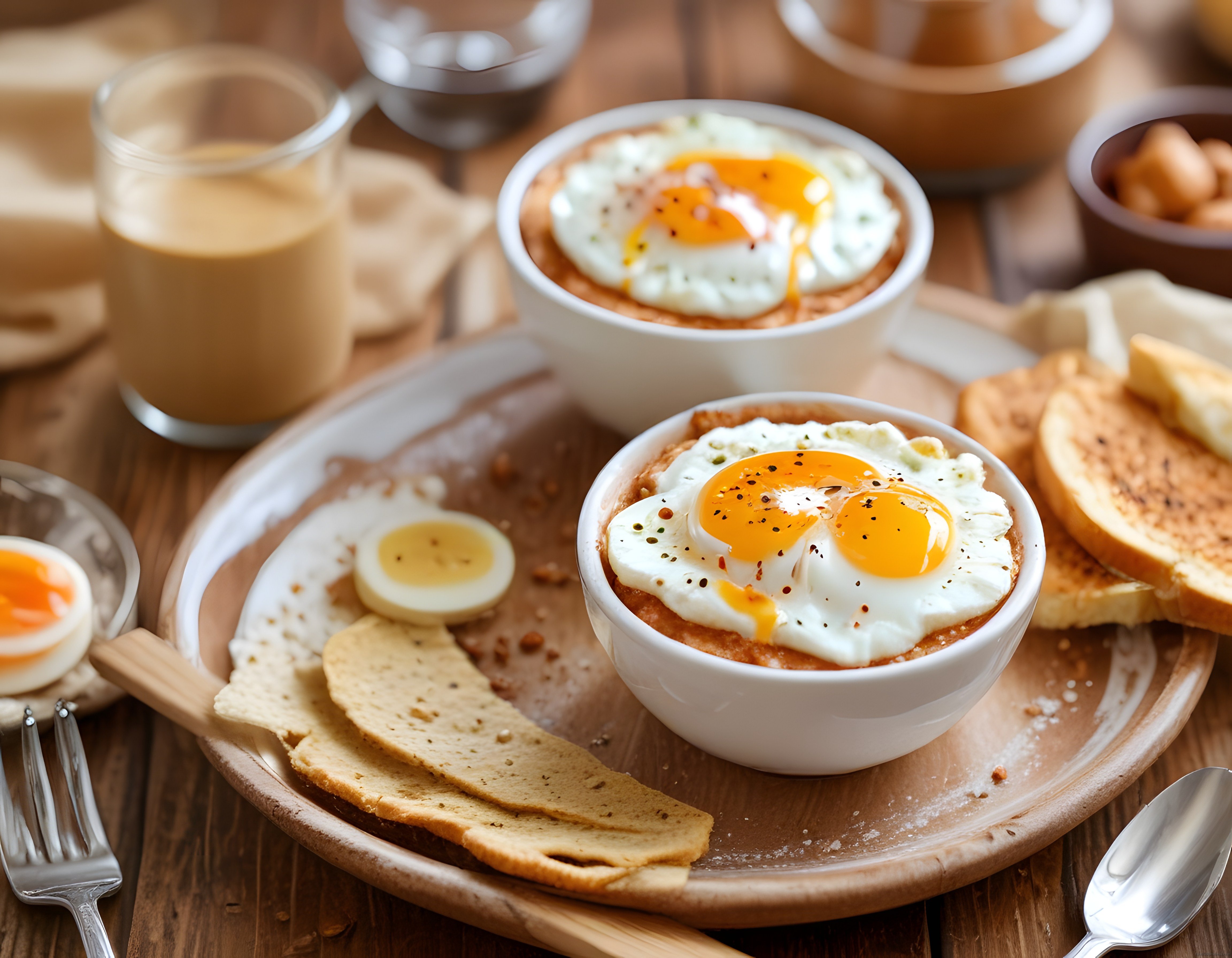Ahşap Masada Kahvaltı Keyfi: Tereyağlı Yumurta, Tost Ekmek ve Latte Sunumu