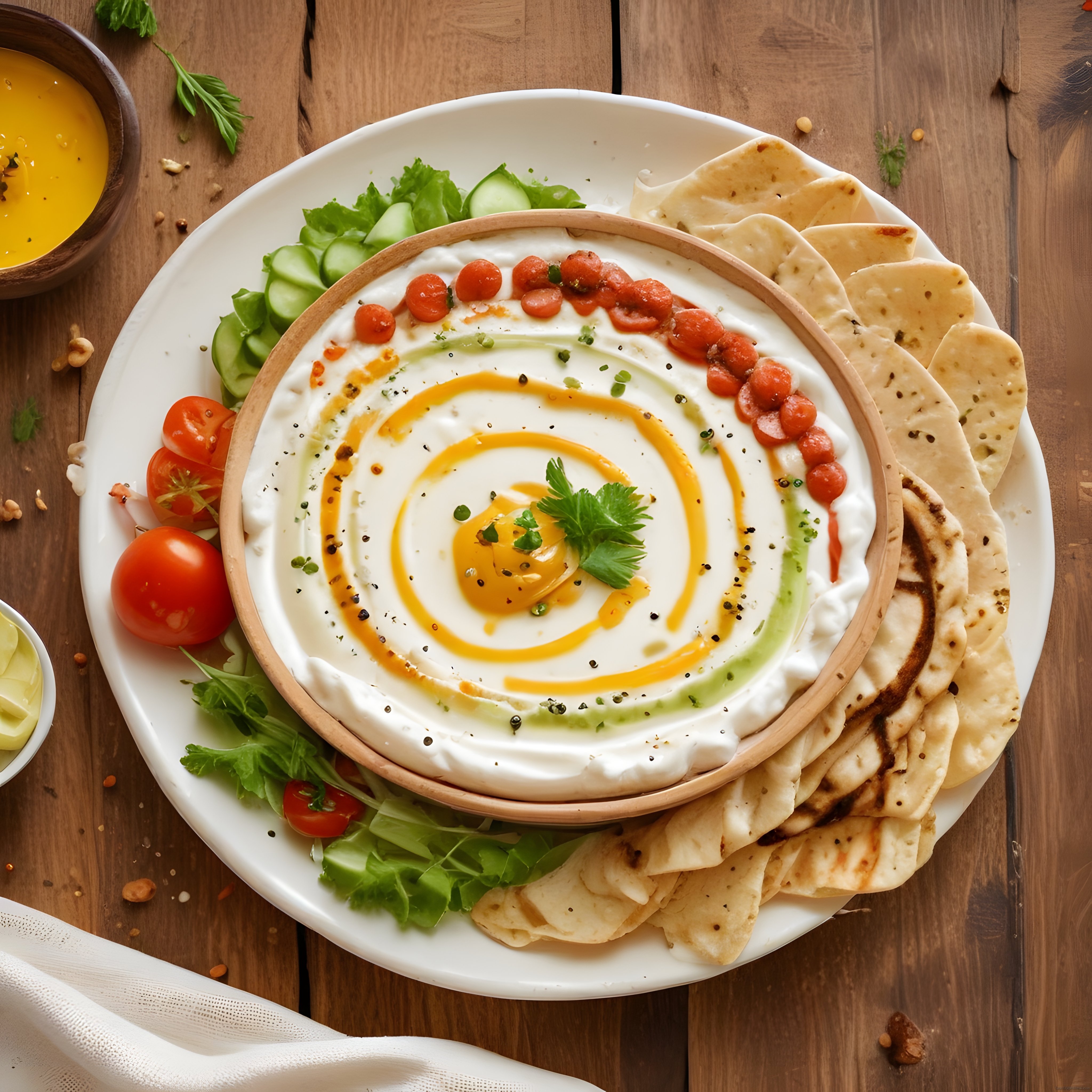 Ahşap Masada Kahvaltılık Renkli Soslu Yoğurtlu Dip ve Sebze Tabağı