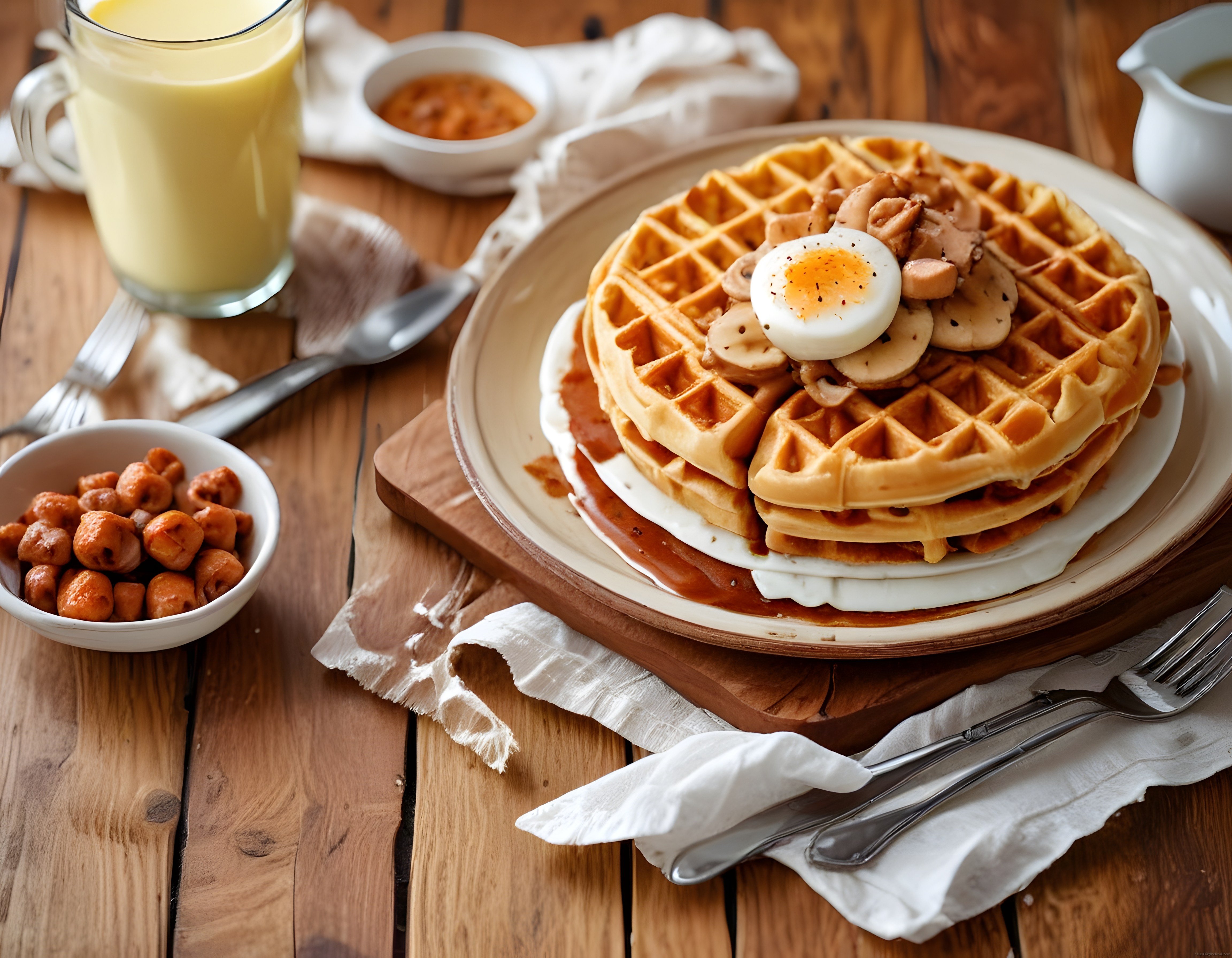 Ahşap Masada Kahvaltılık Waffle, Haşlanmış Yumurta ve Muz ile Lezzetli Sunum