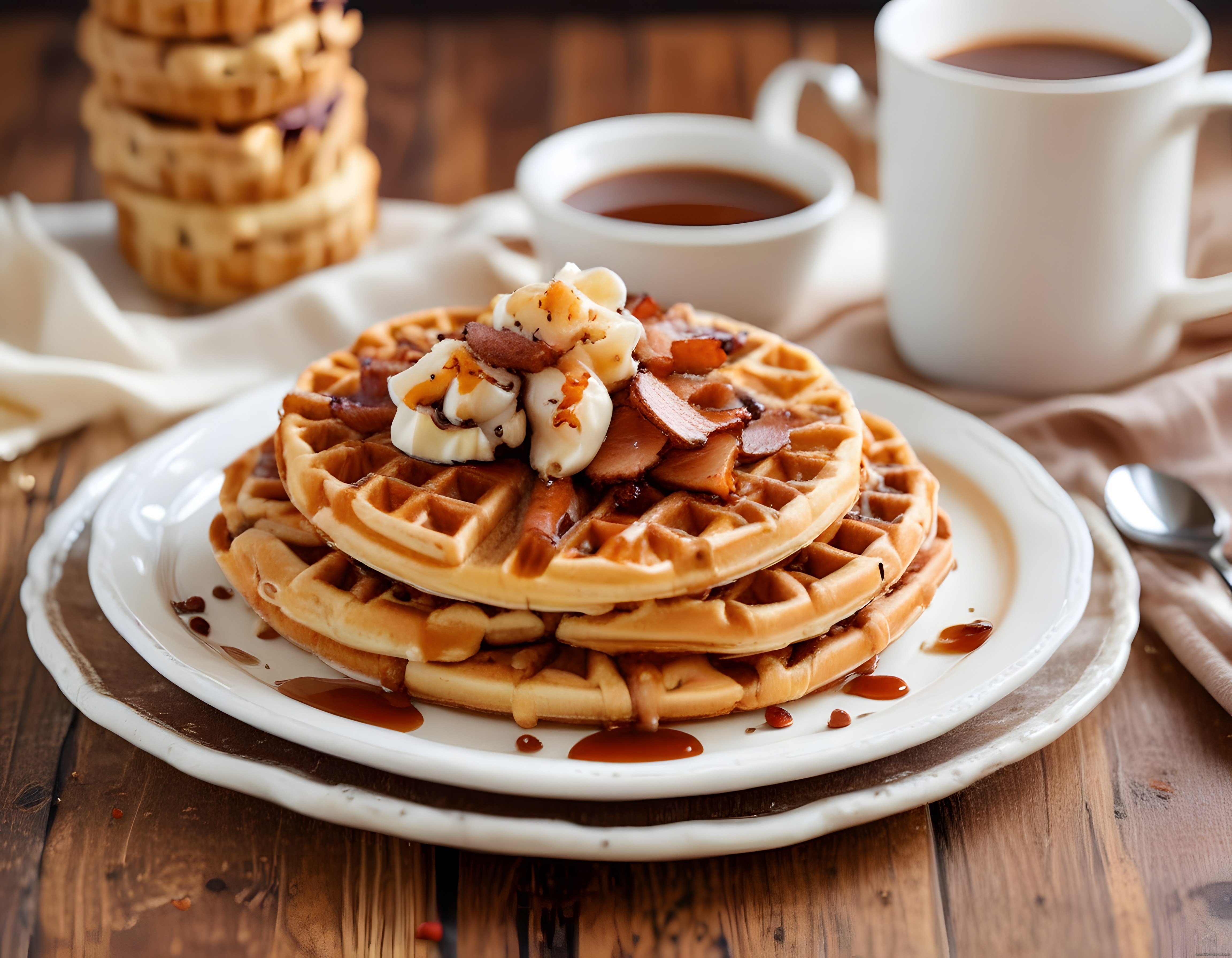 Ahşap masada kahvaltılık waffle; üzerinde muz, bacon ve şurup ile servis edilmiş