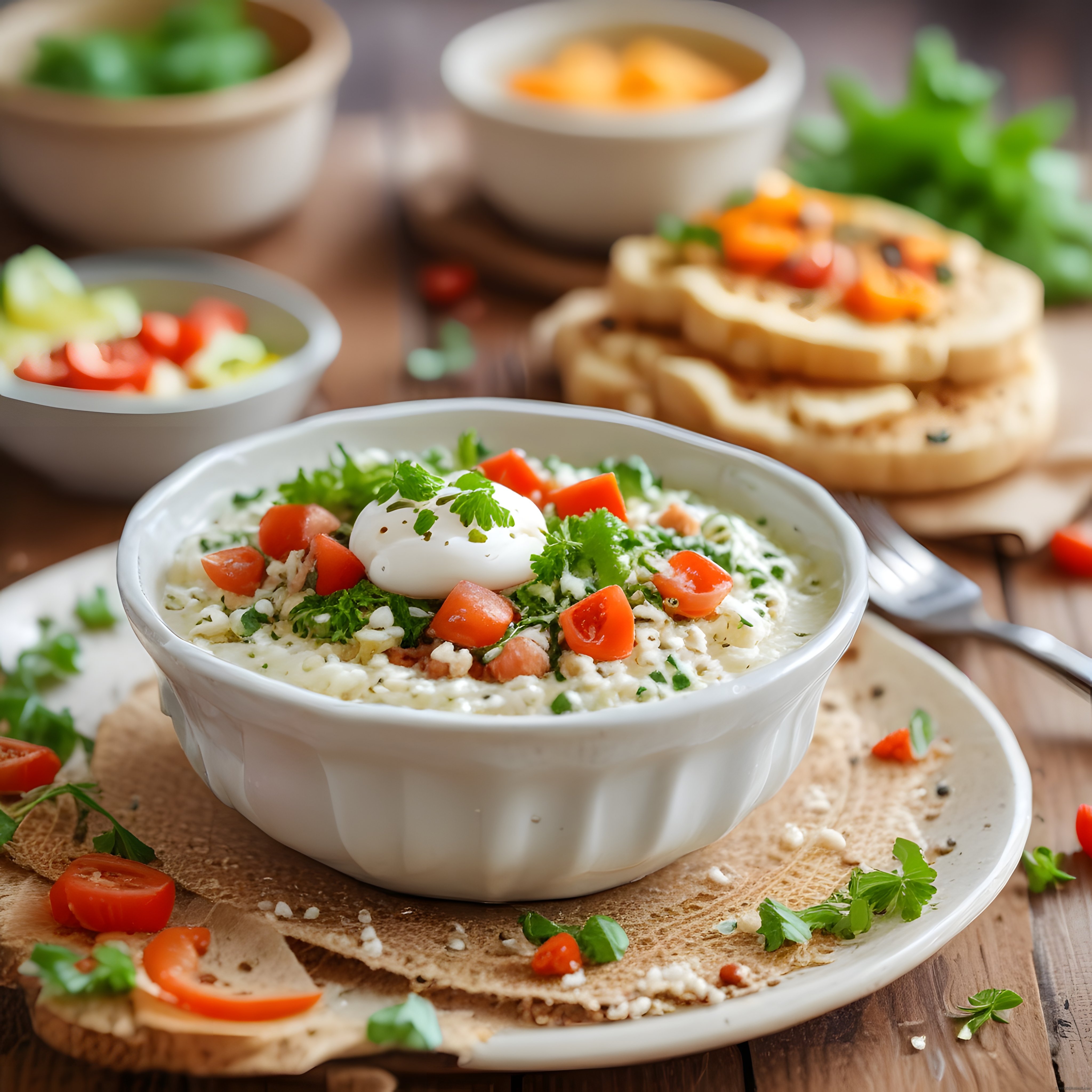 Ahşap Masada Kahvaltılık Yoğurtlu Meze Kasesi ve Taze Sebzeler