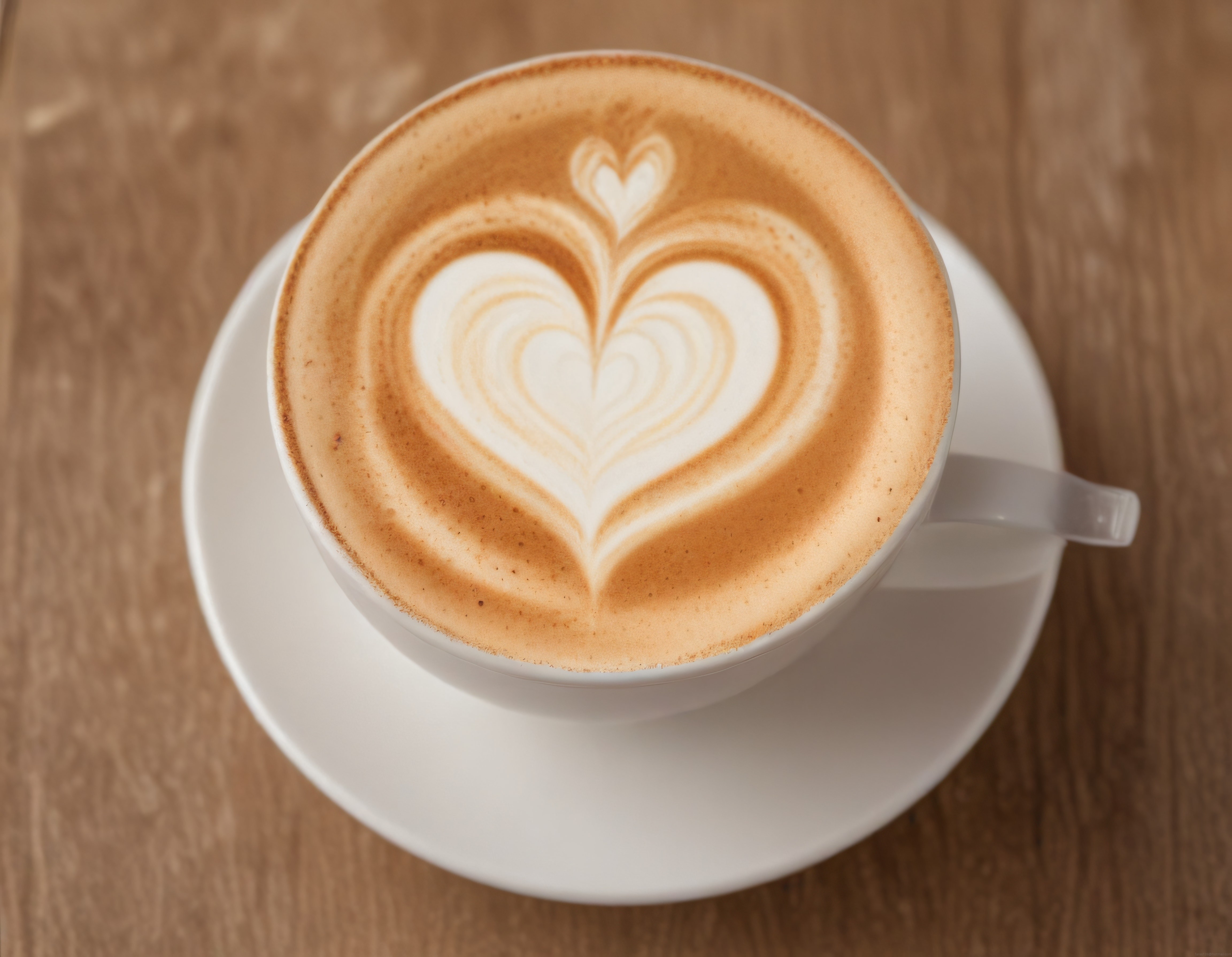 Ahşap Masada Kalp Desenli Latte Art Süslemeli Sıcak Kapuçino Fincanı Ahşap Masada Kalp Desenli Latte Art Süslemeli Sıcak Kapuçino Fincanı