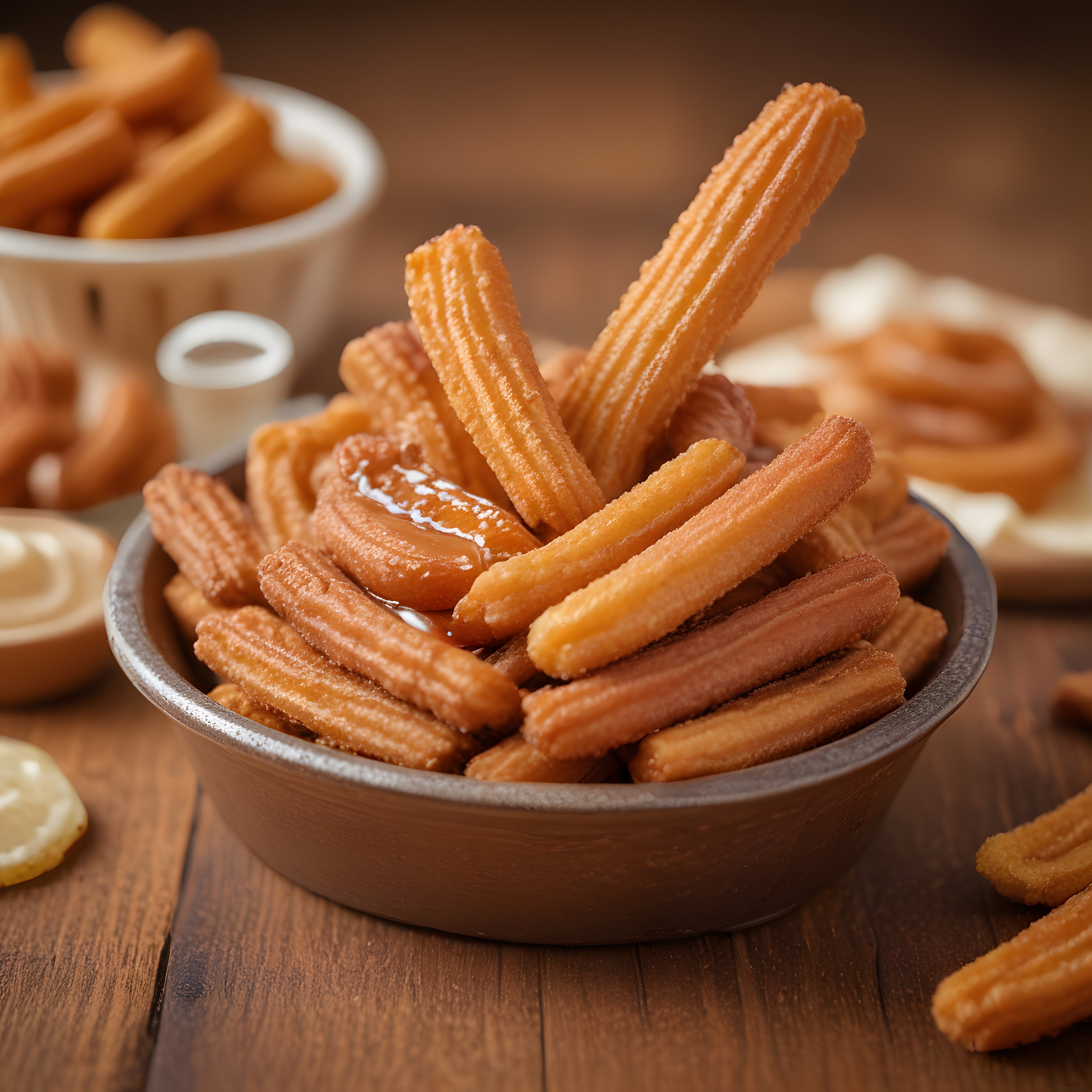 Ahşap masada karamel soslu çıtır churros sunumu ve tatlı kase detayları