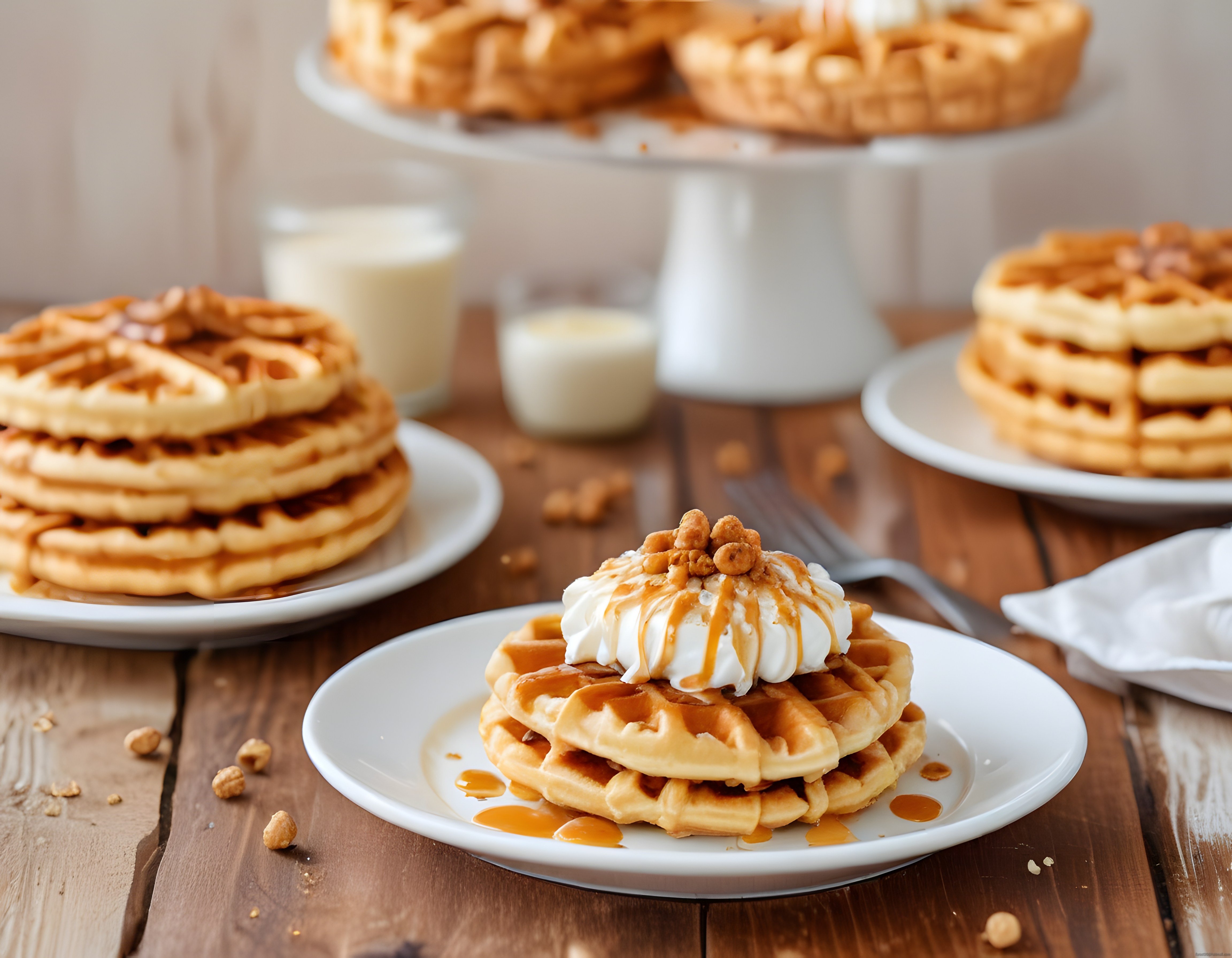 Ahşap Masada Karamel Soslu ve Kremalı Waffle Kahvaltı Sunumu