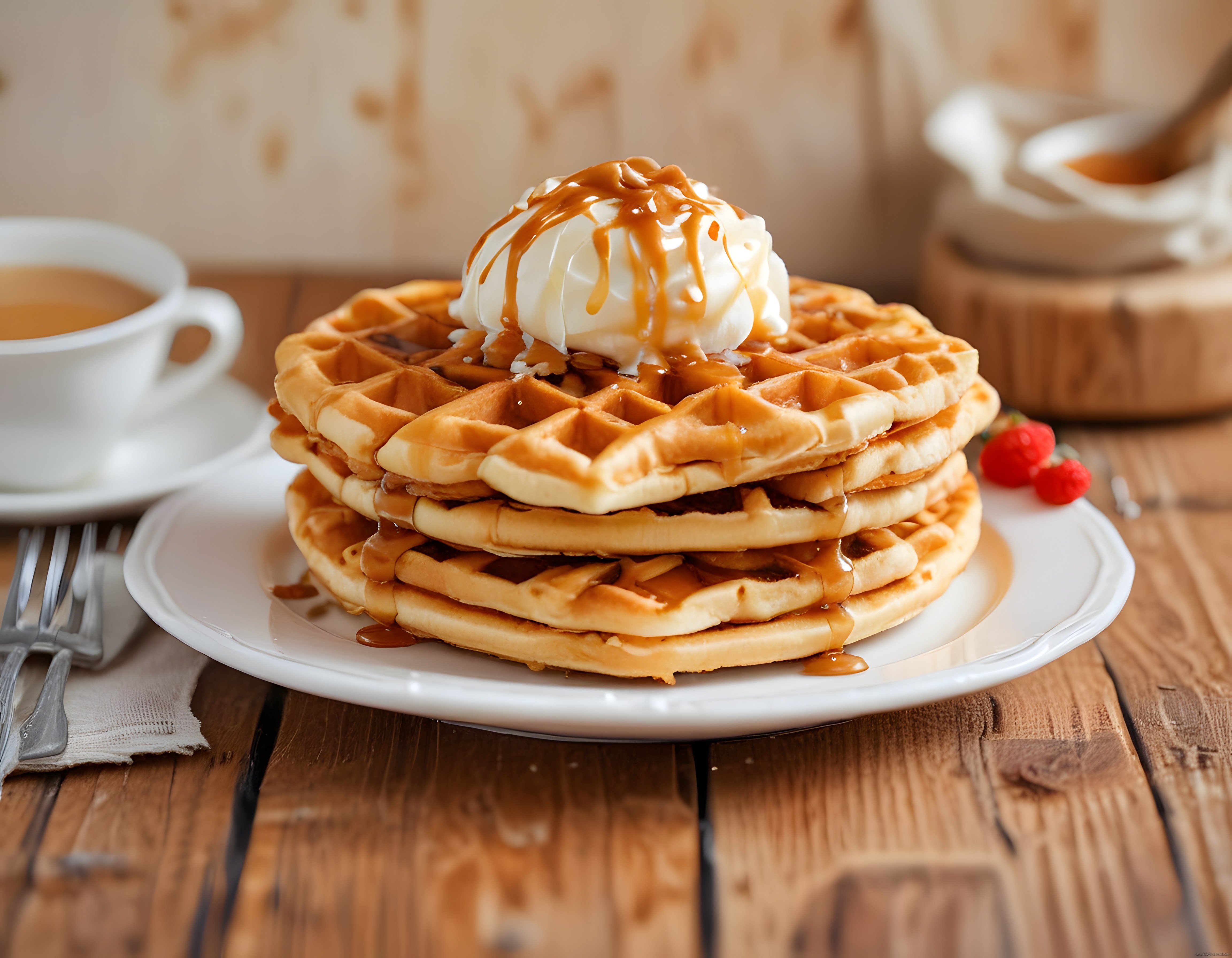 Ahşap Masada Karamel ve Dondurmalı Waffle ile Sıcak Kahve Sunumu