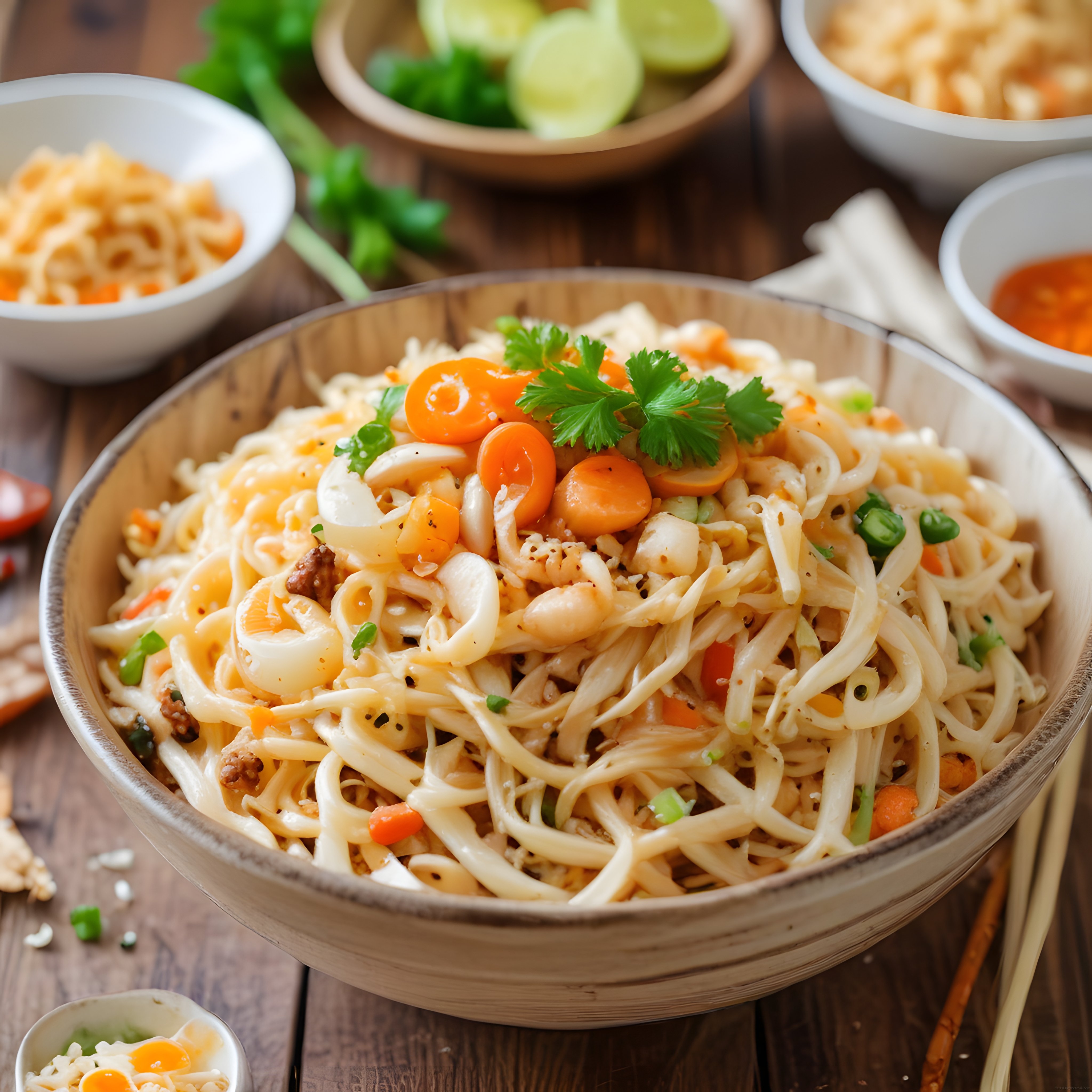 Ahşap Masada Karidesli Kalamarlı Asya Noodle Makarna Sunumu ve Soslar