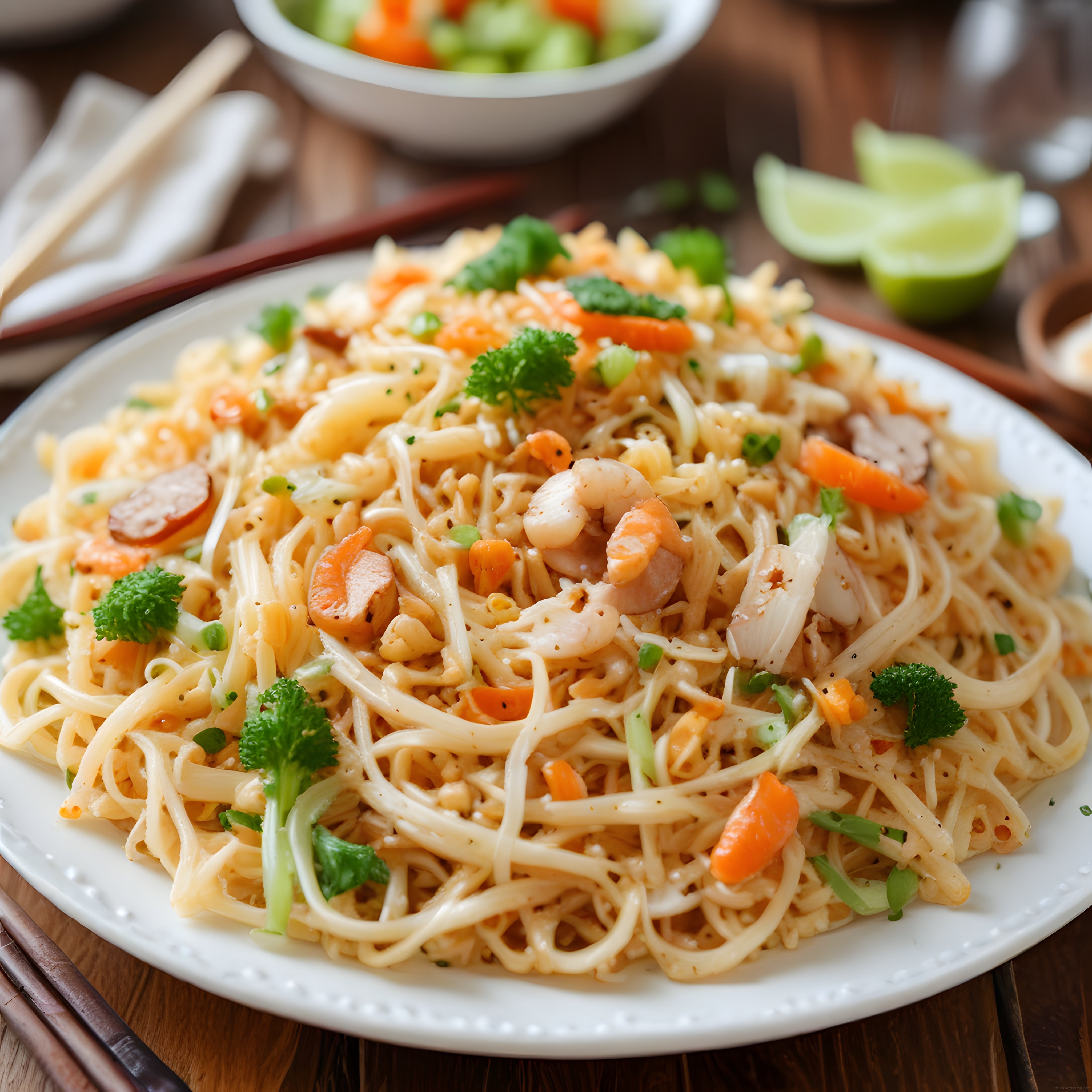 Ahşap Masada Karidesli Noodle Sunumu: Asya Mutfağından Sıcacık Tarif