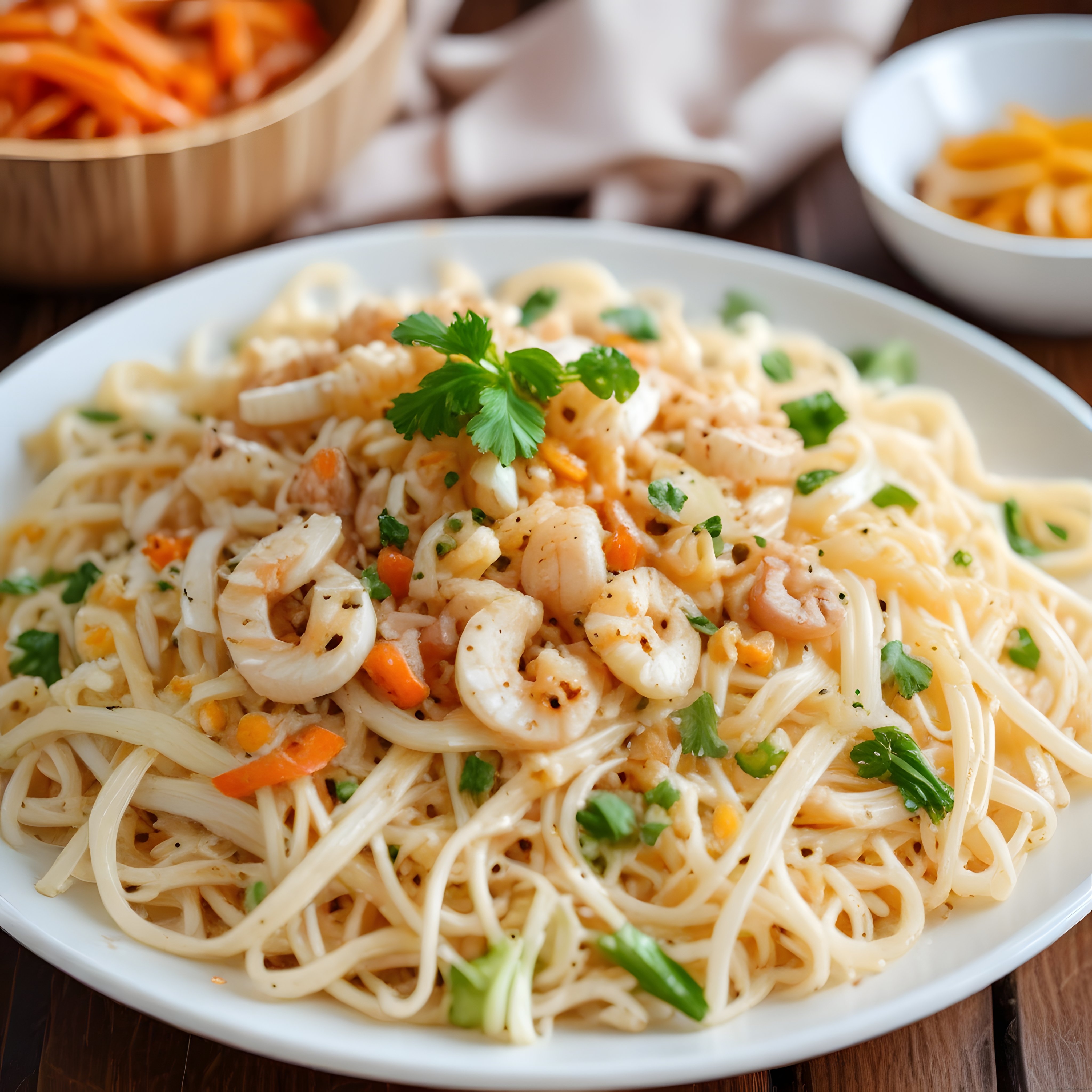 Ahşap Masada Karidesli Noodle Tabağı: Asya Mutfağından Egzotik Tat