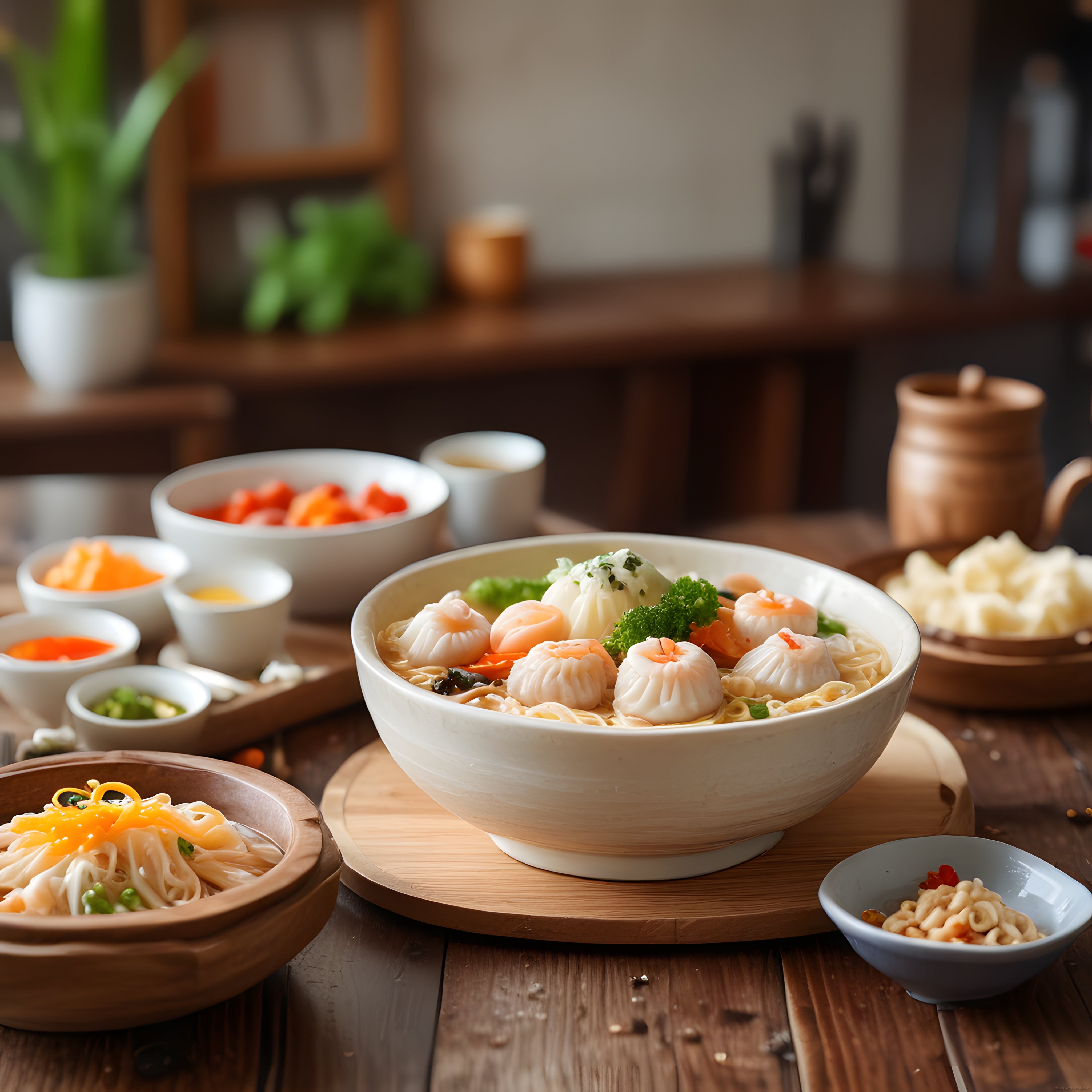 Ahşap Masada Karidesli Şumay ve Noodle ile Sıcak Asya Mutfağı Sunumu