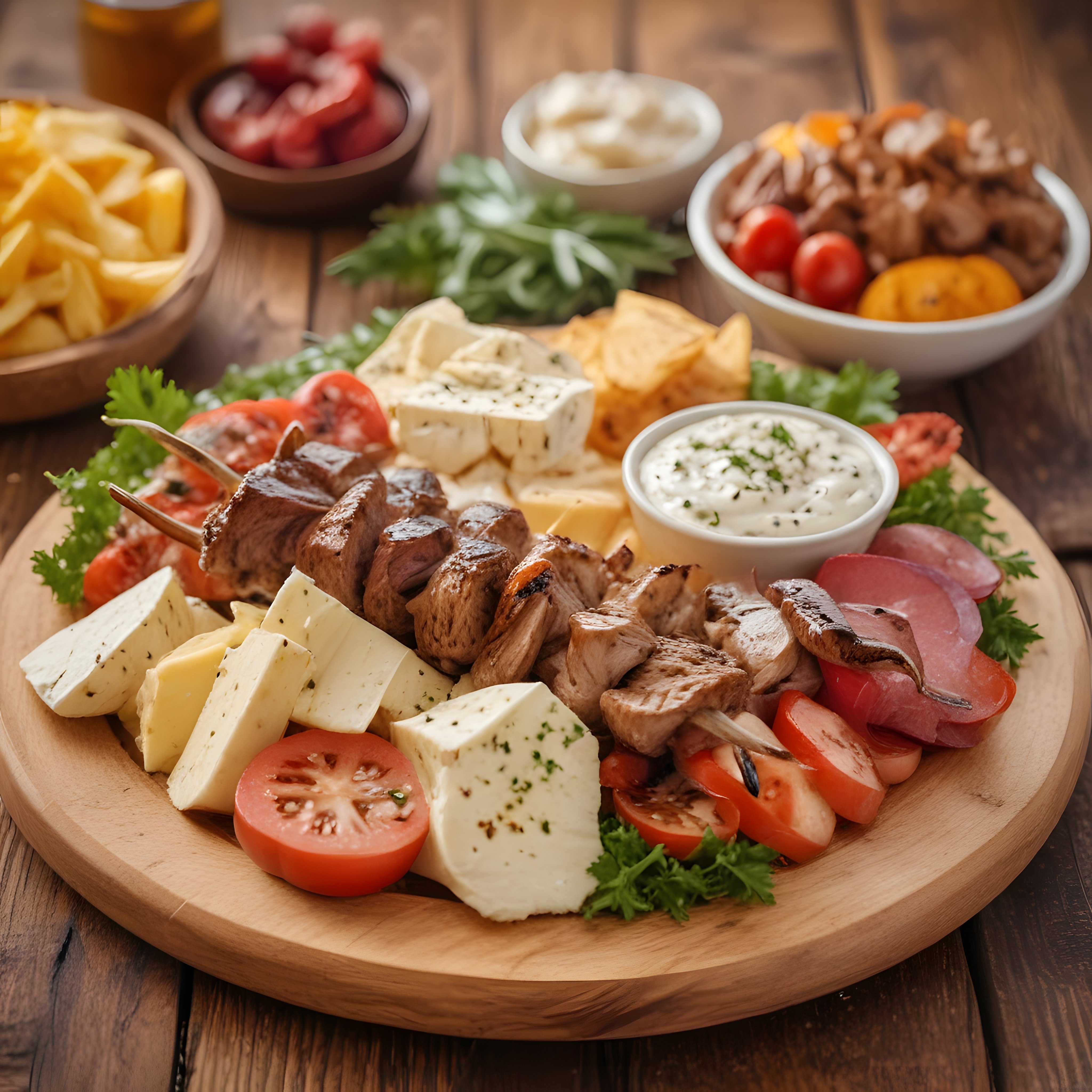 Ahşap Masada Karışık Izgara Tabağı, Peynir ve Soslarla Zengin Sunum