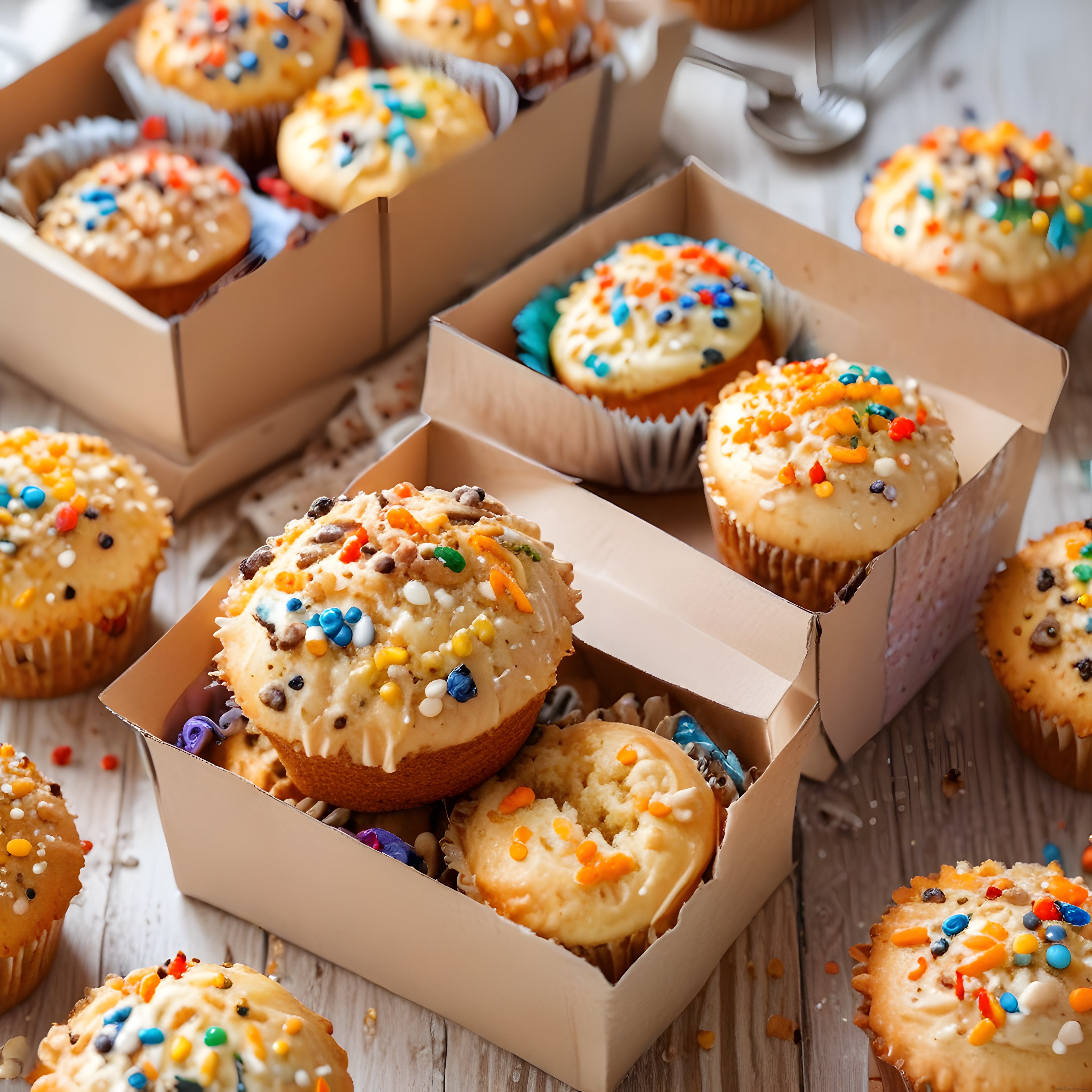 Ahşap Masada Karton Kutularda Renkli Süslü Cupcake ve Muffinler