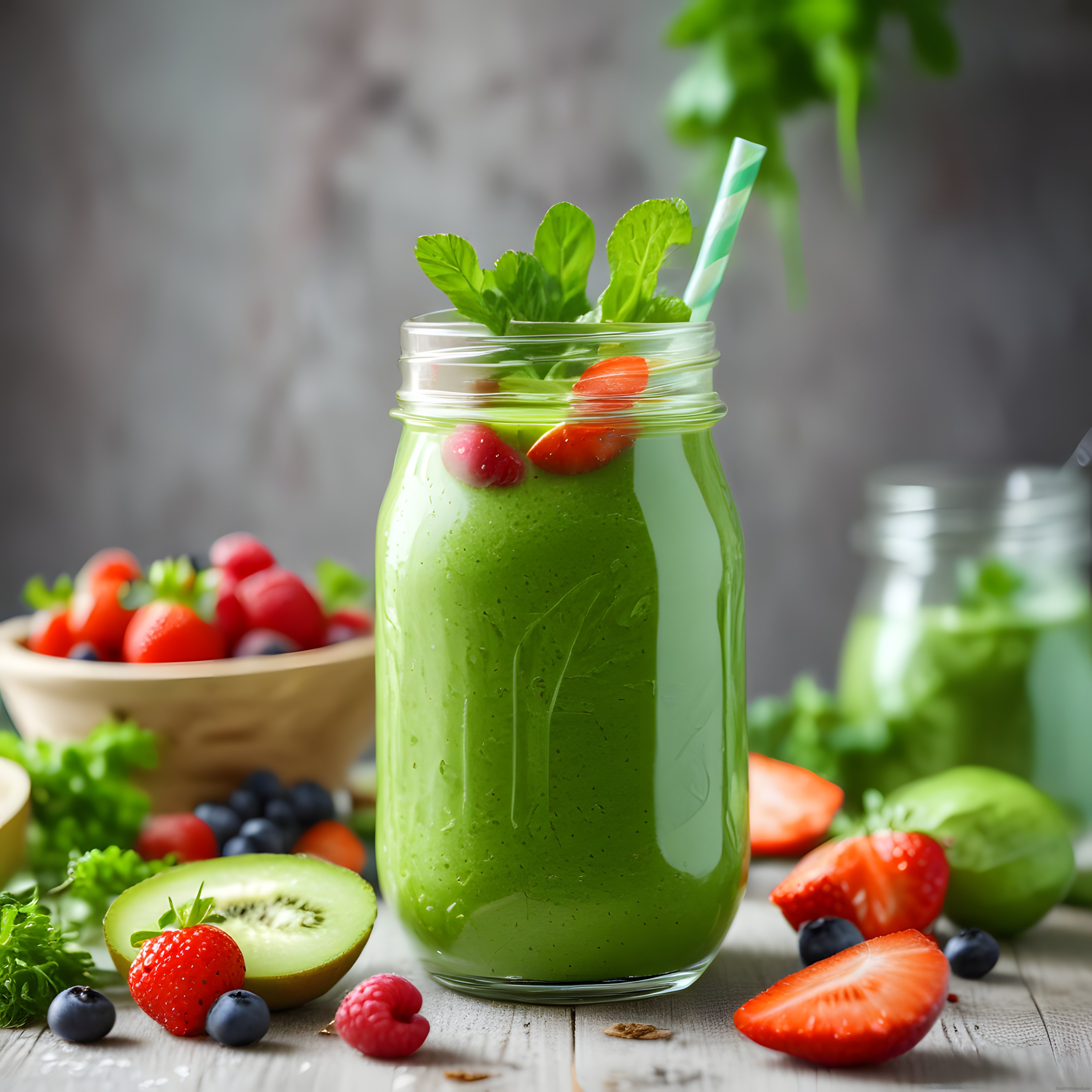 ahşap masada kavanozda taze meyveli yeşil smoothie sağlıklı detoks içeceği
