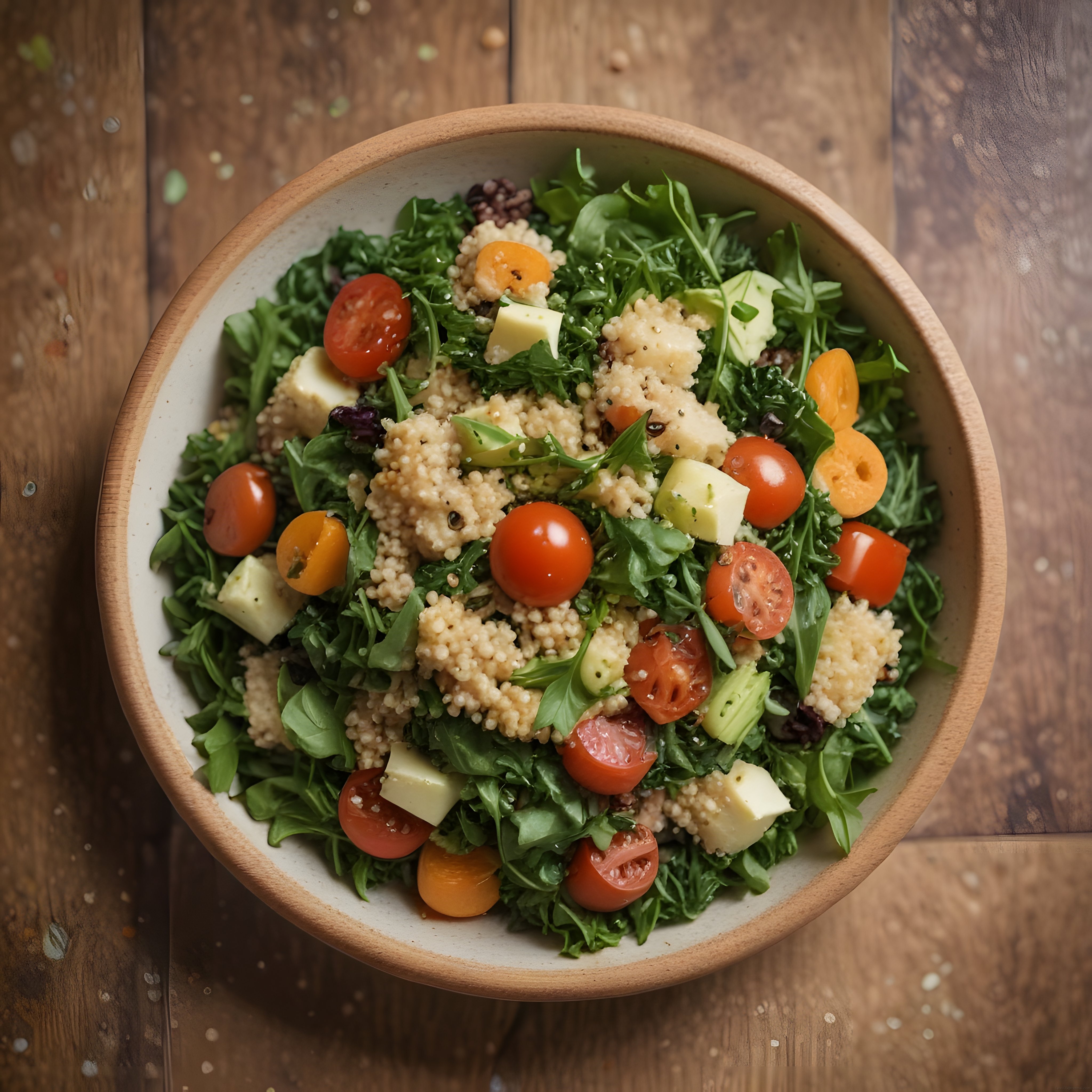 Ahşap masada kinoa, domates, avokado ve rokalı sağlıklı salata kasesi