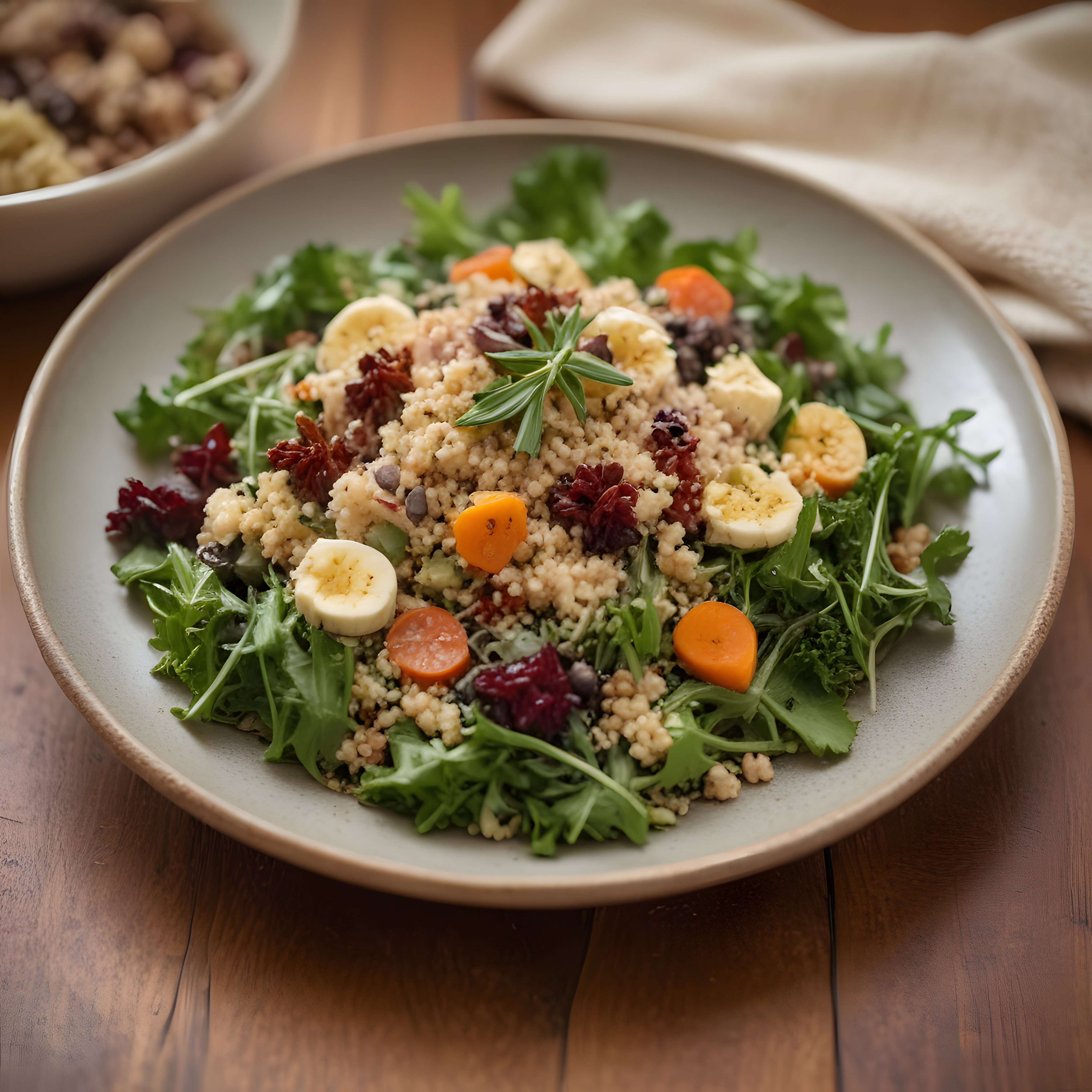 Ahşap Masada Kinoa ve Yumurtalı Renkli Sağlıklı Salata Sunumu
