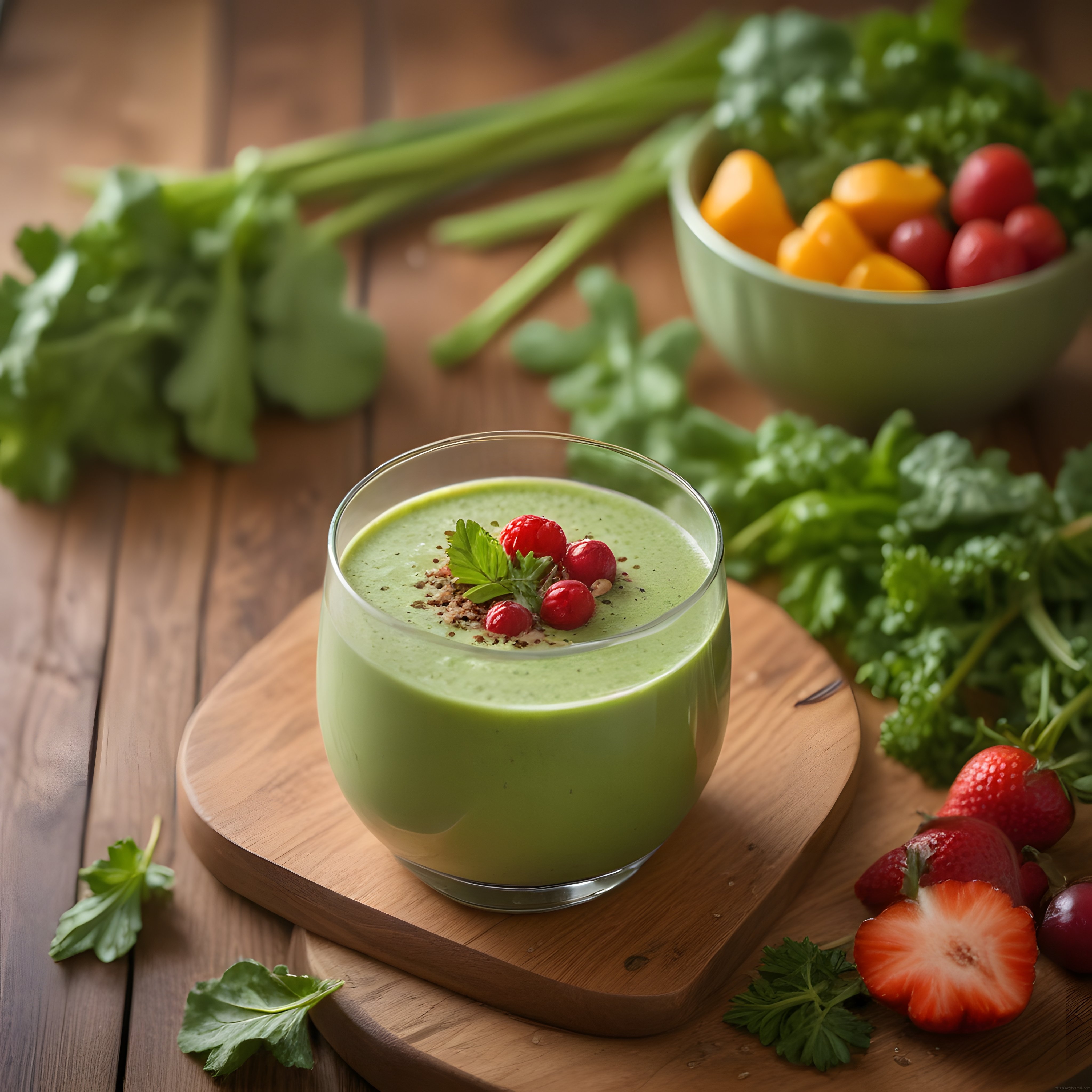 Ahşap Masada Kırmızı Meyvelerle Süslenmiş Ev Yapımı Yeşil Detoks Smoothie