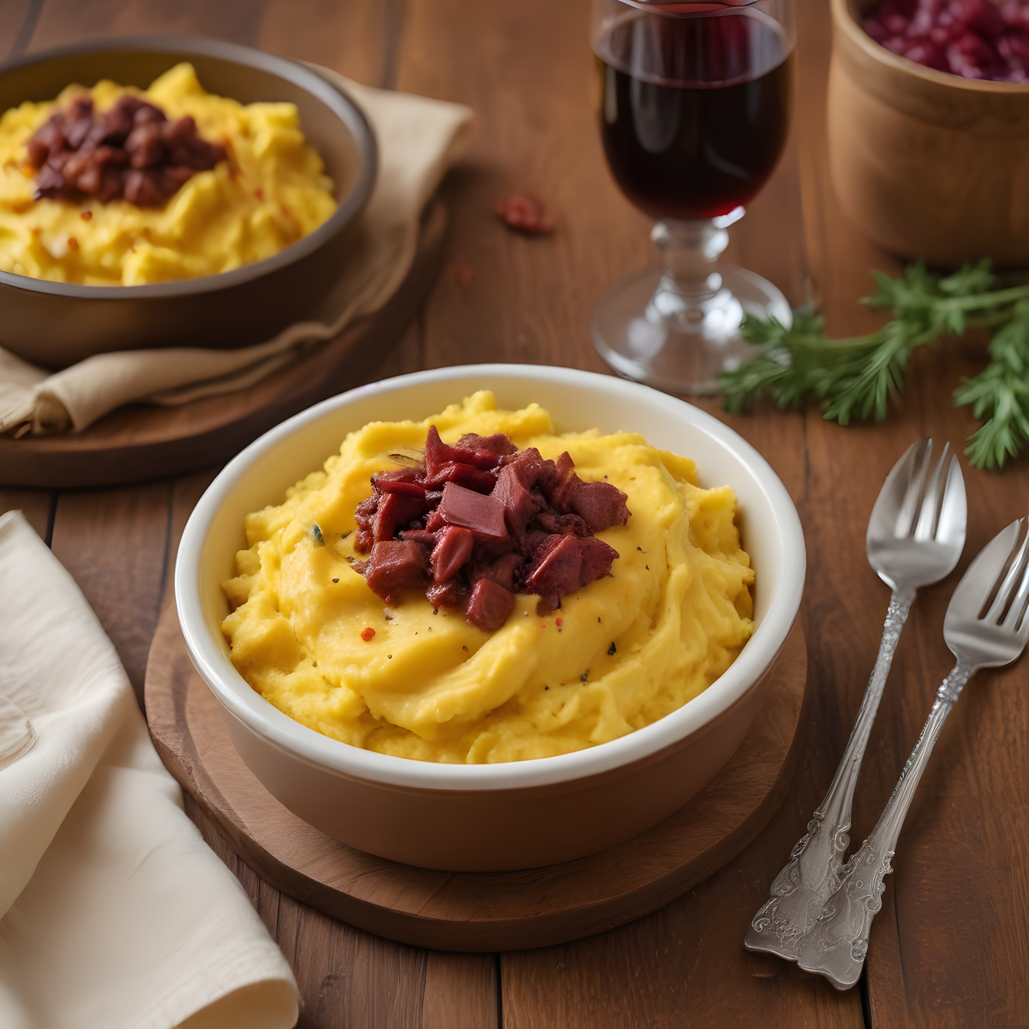 Ahşap Masada Kırmızı Şarap Eşliğinde Pastırmalı Kremalı Polenta