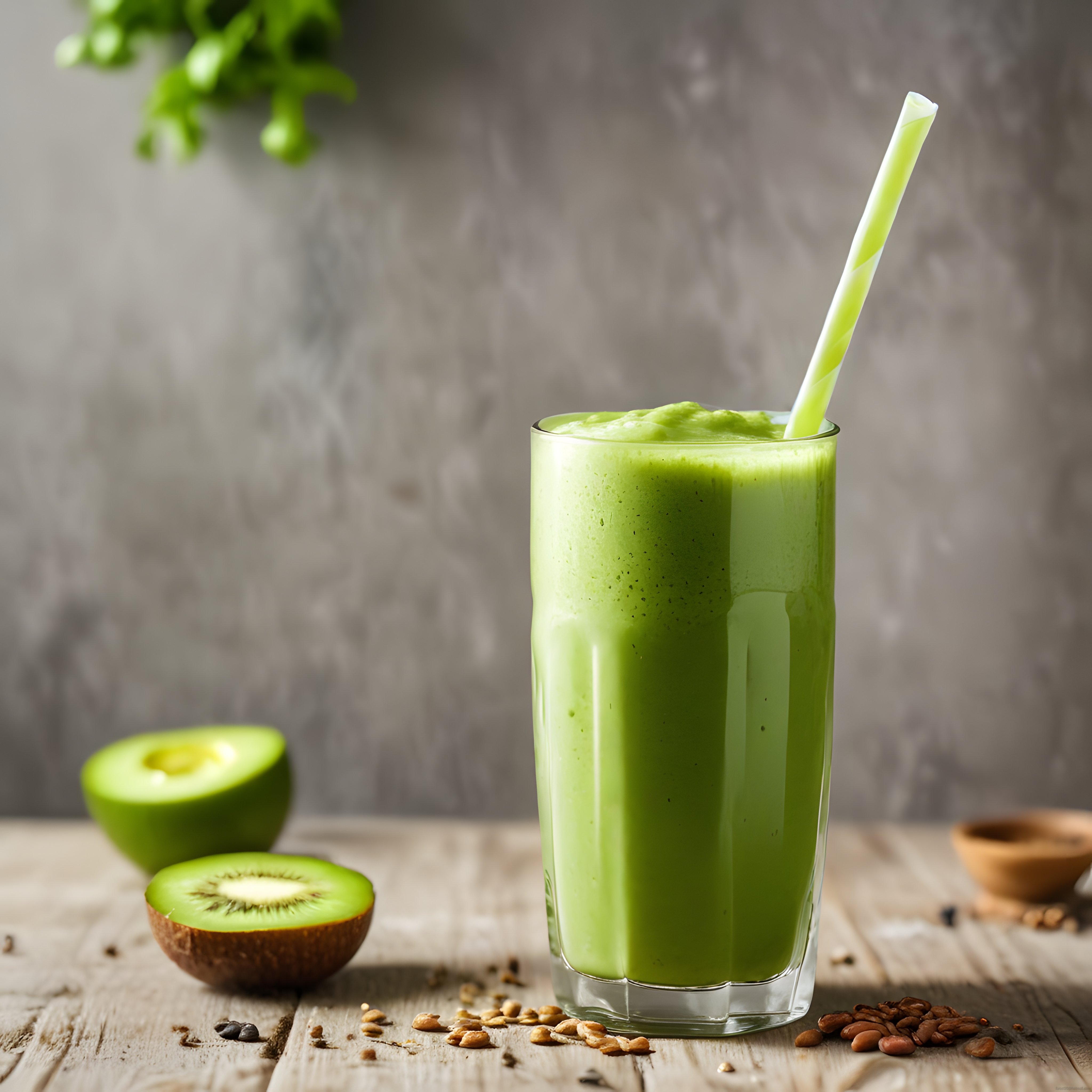 Ahşap masada kivili avokadolu besleyici yeşil smoothie ve sağlıklı tohumlar