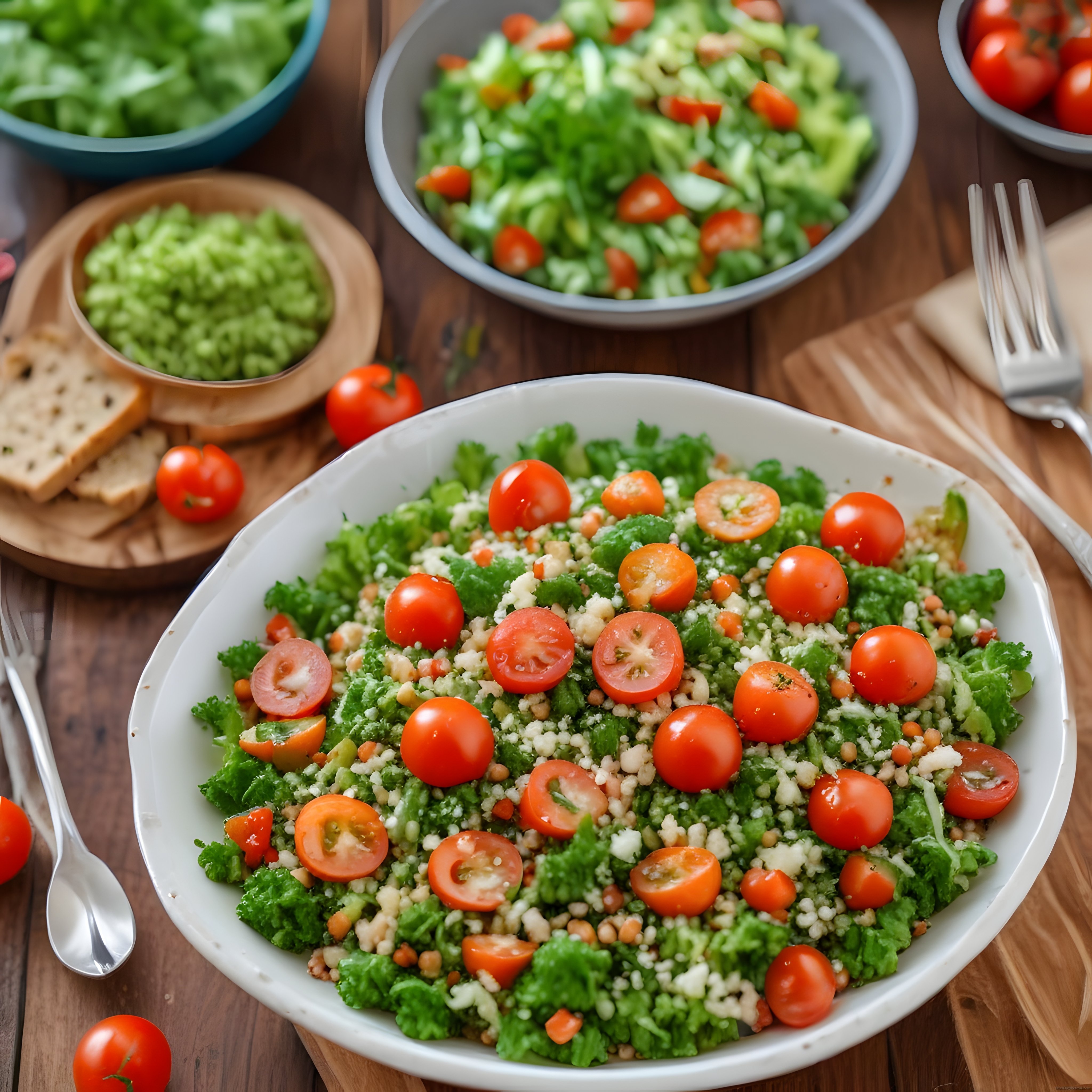 Ahşap masada kıvırcık lahanalı domates bulgur salatası ile sağlıklı tarif