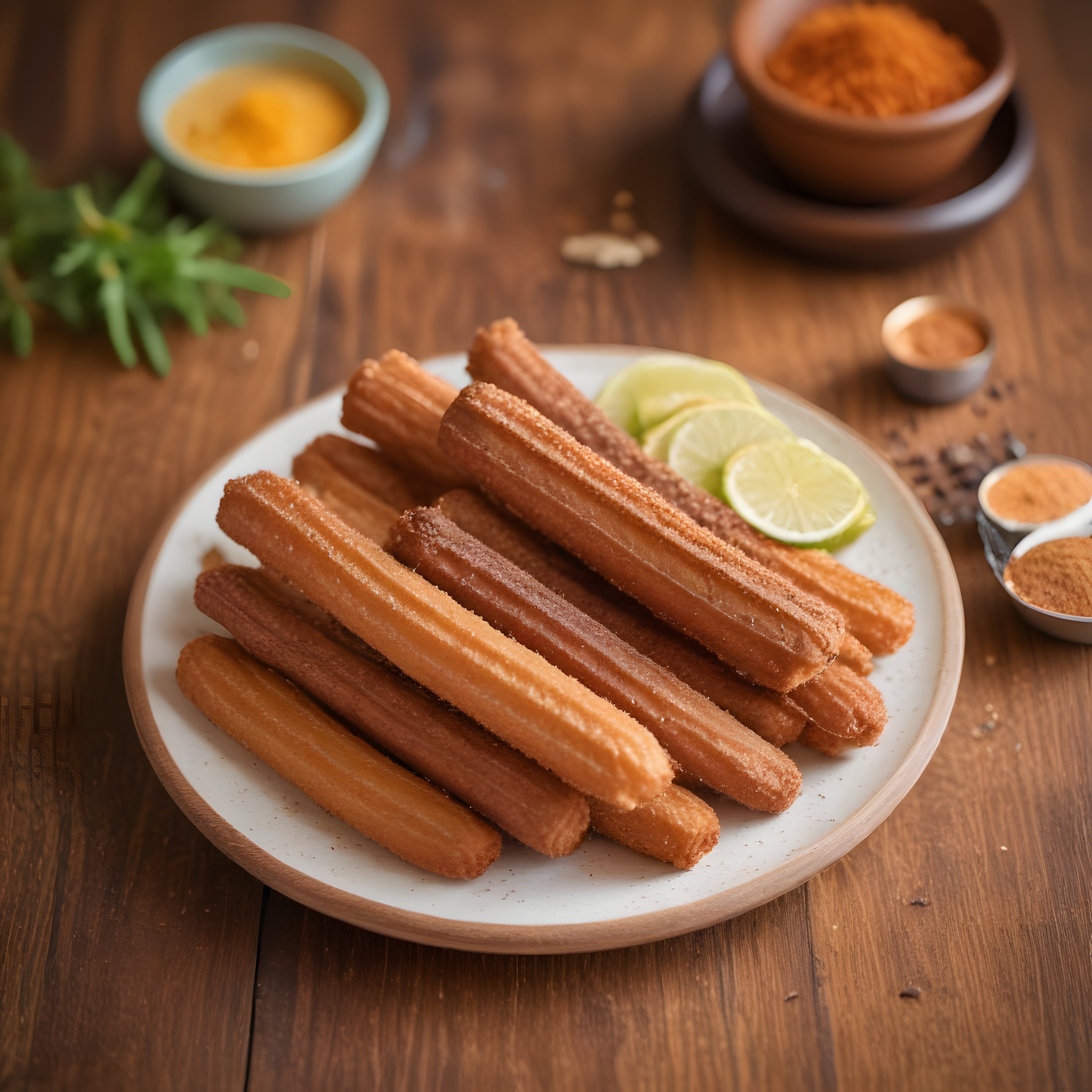 Ahşap Masada Kızarmış Churros Sunumu: Limon ve Soslarla Rustik Tatlı Keyfi