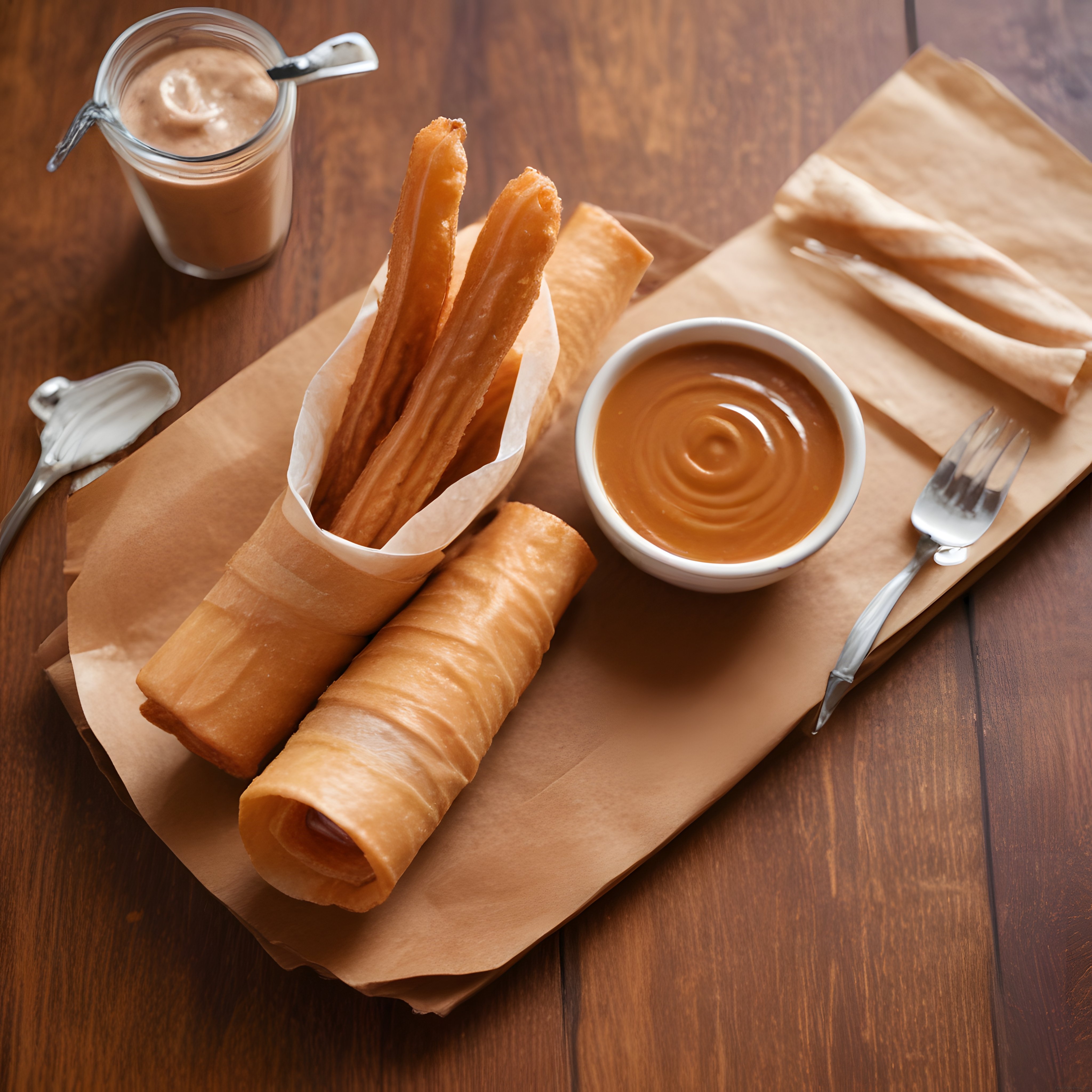 Ahşap Masada Kızarmış Churros ve Karamel Sos ile Nefis Tatlı Sunumu