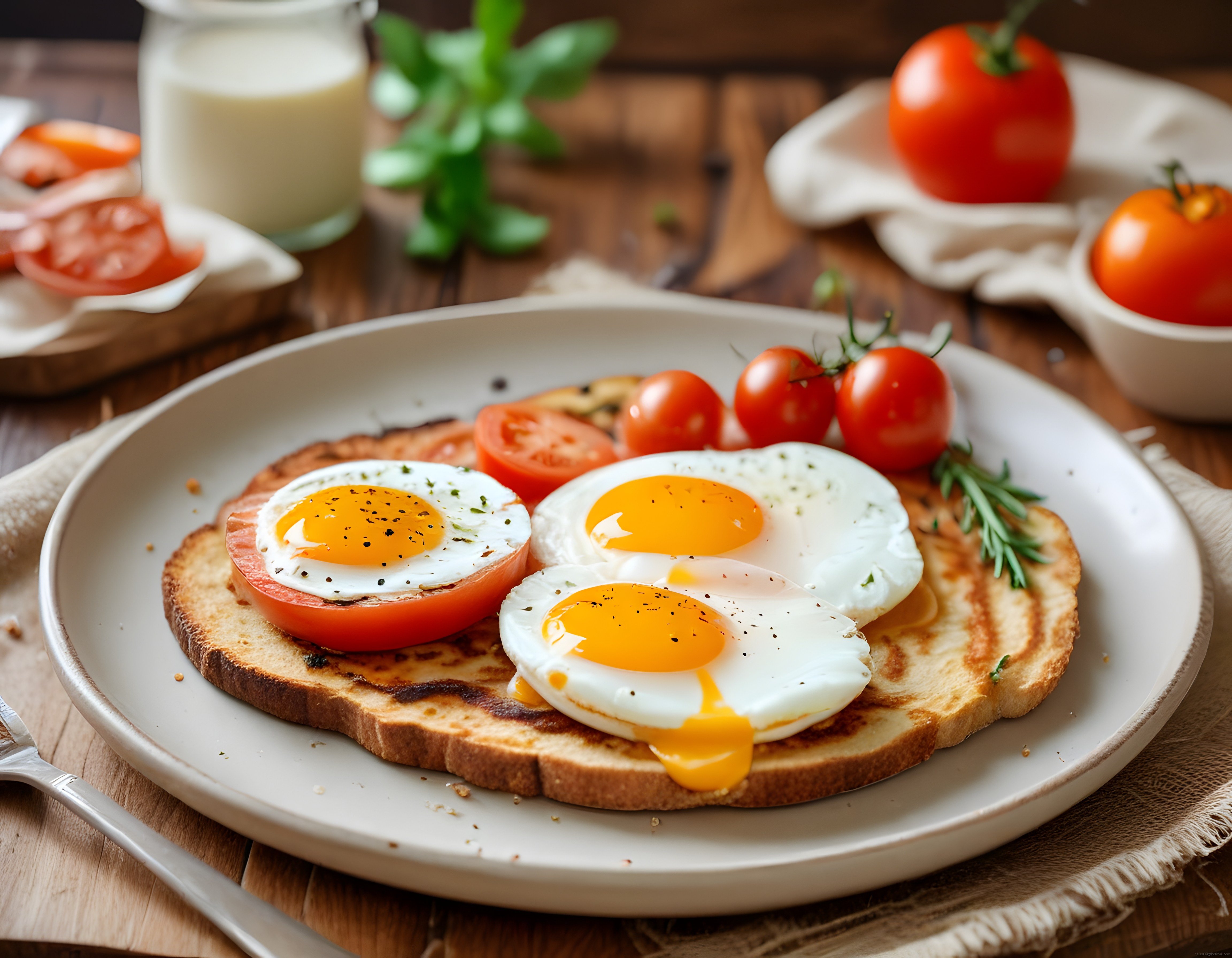 Ahşap Masada Kızarmış Ekmek Üstü Yumurtalı ve Domatesli Kahvaltı Sunumu