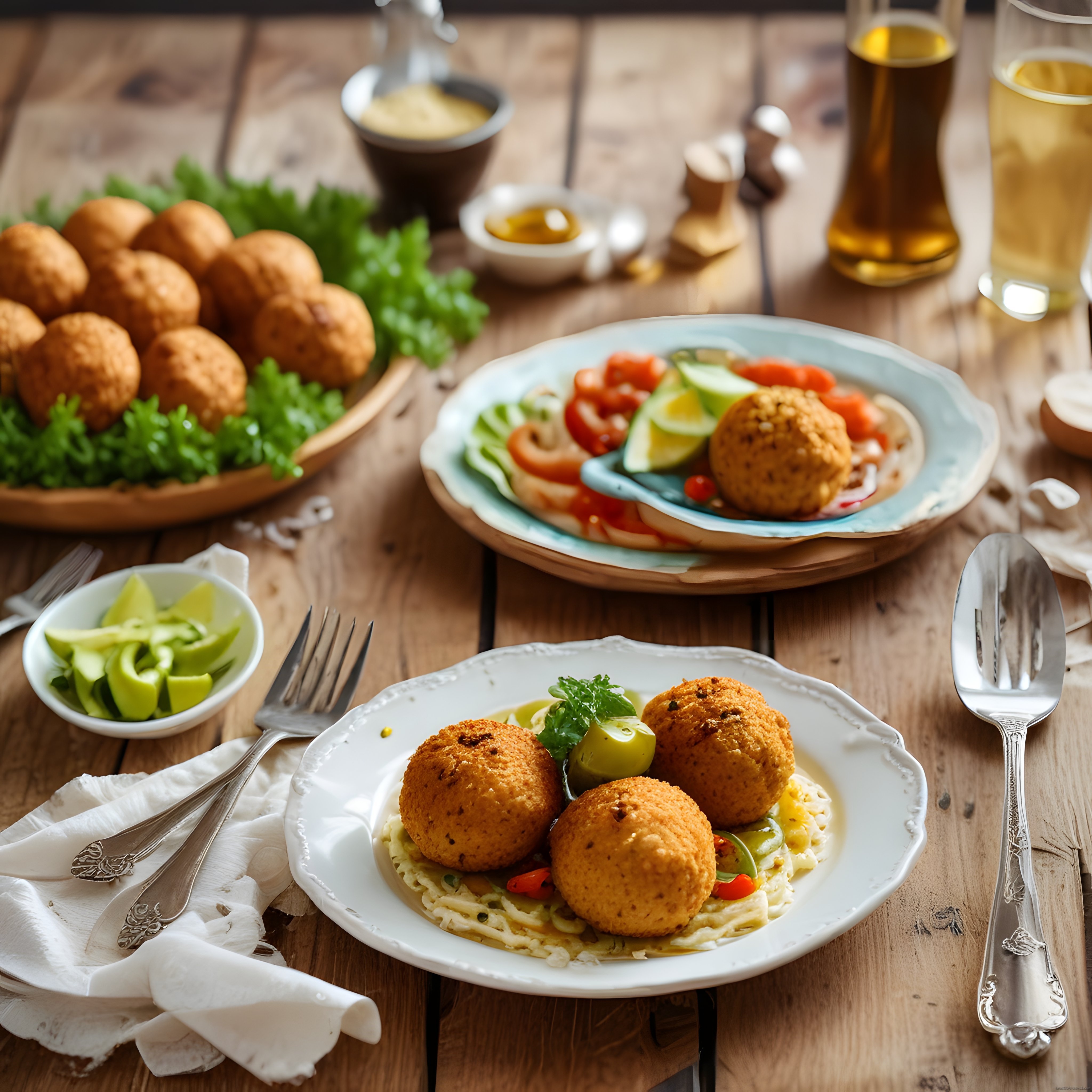 Ahşap masada kızarmış risotto topları ve sebze garnitürlü makarna sunumu