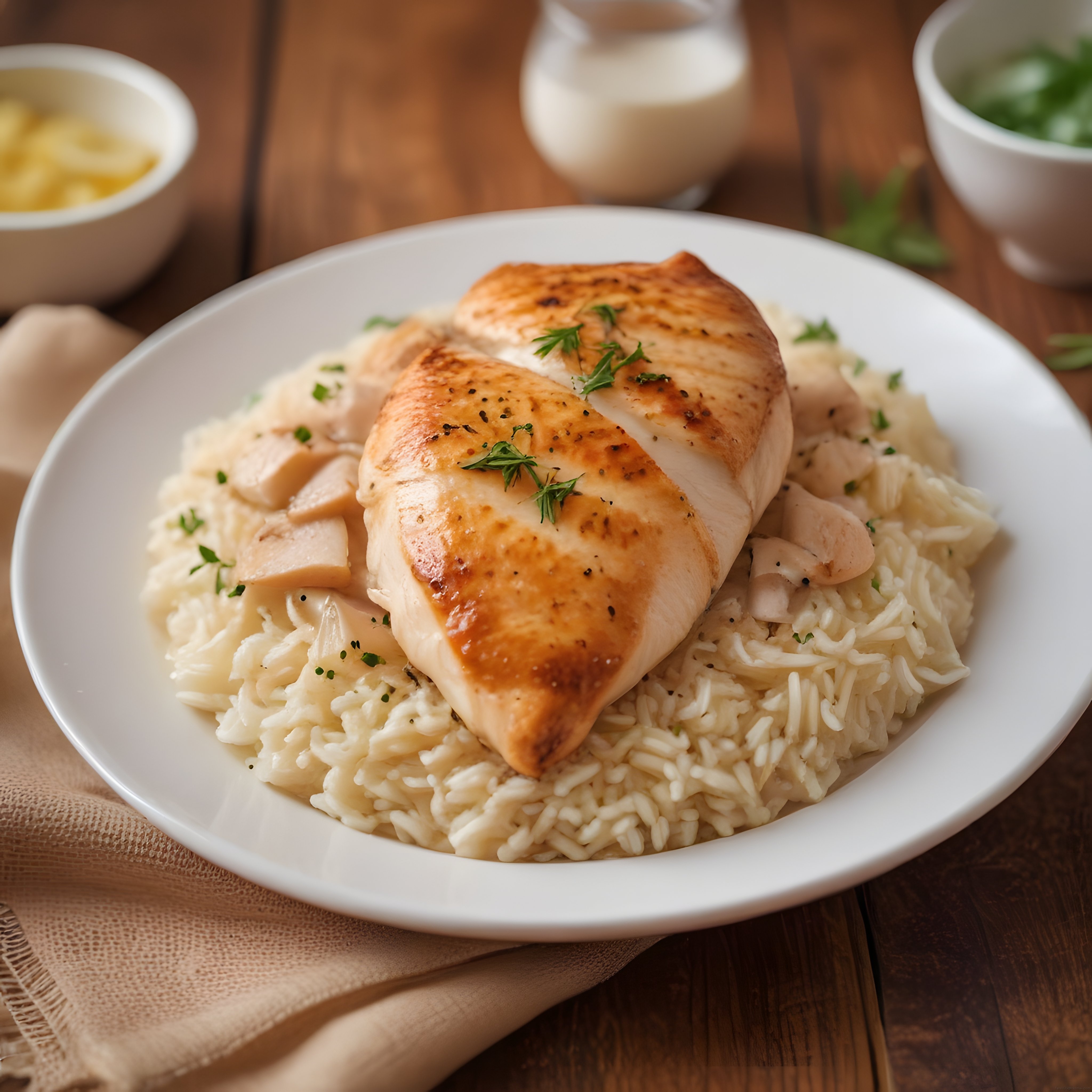 Ahşap Masada Kızarmış Tavuk Göğsü ve Kremalı Mantarlı Risotto Sunumu