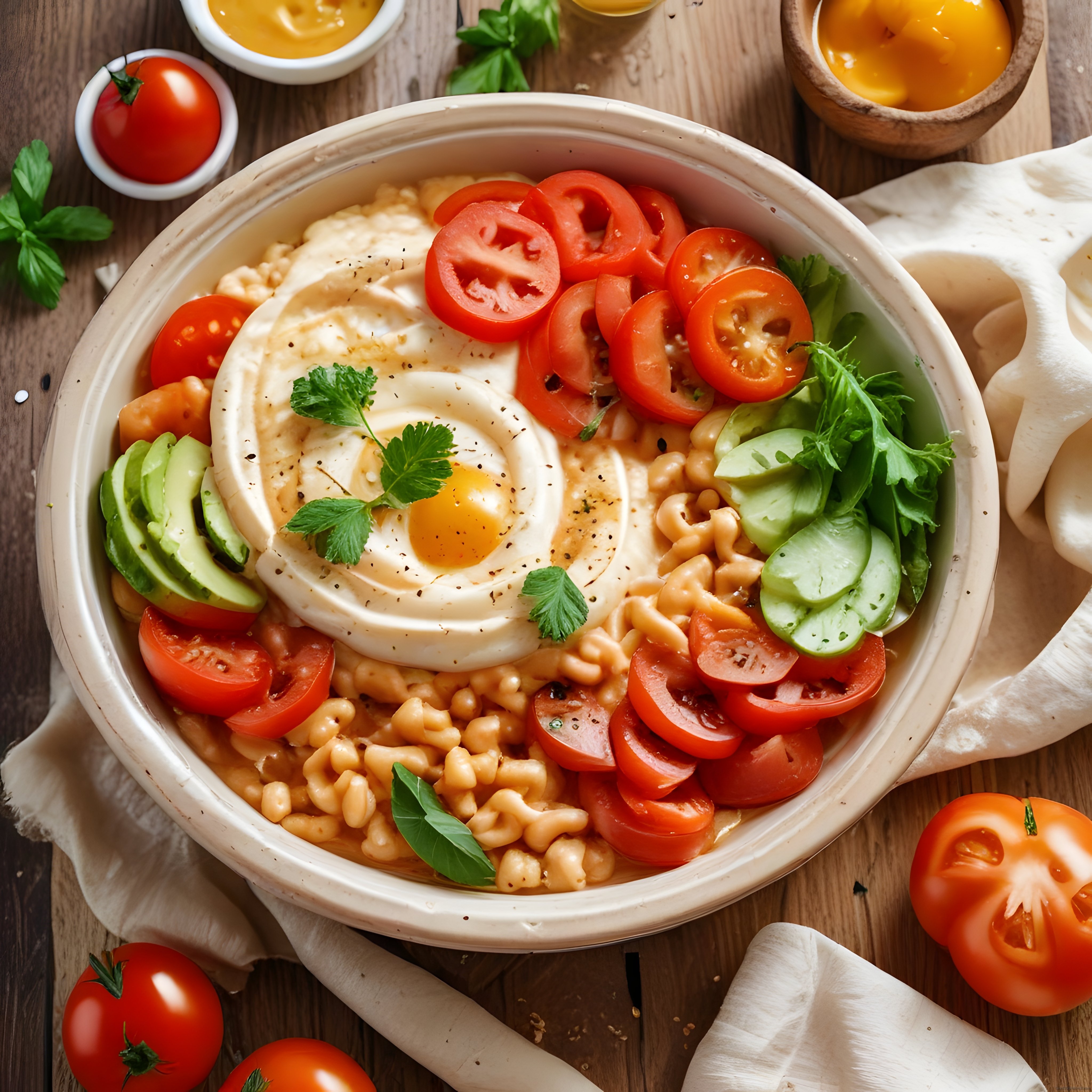 Ahşap masada kızarmış yumurtalı, taze sebzeli ve nohutlu makarna kasesi