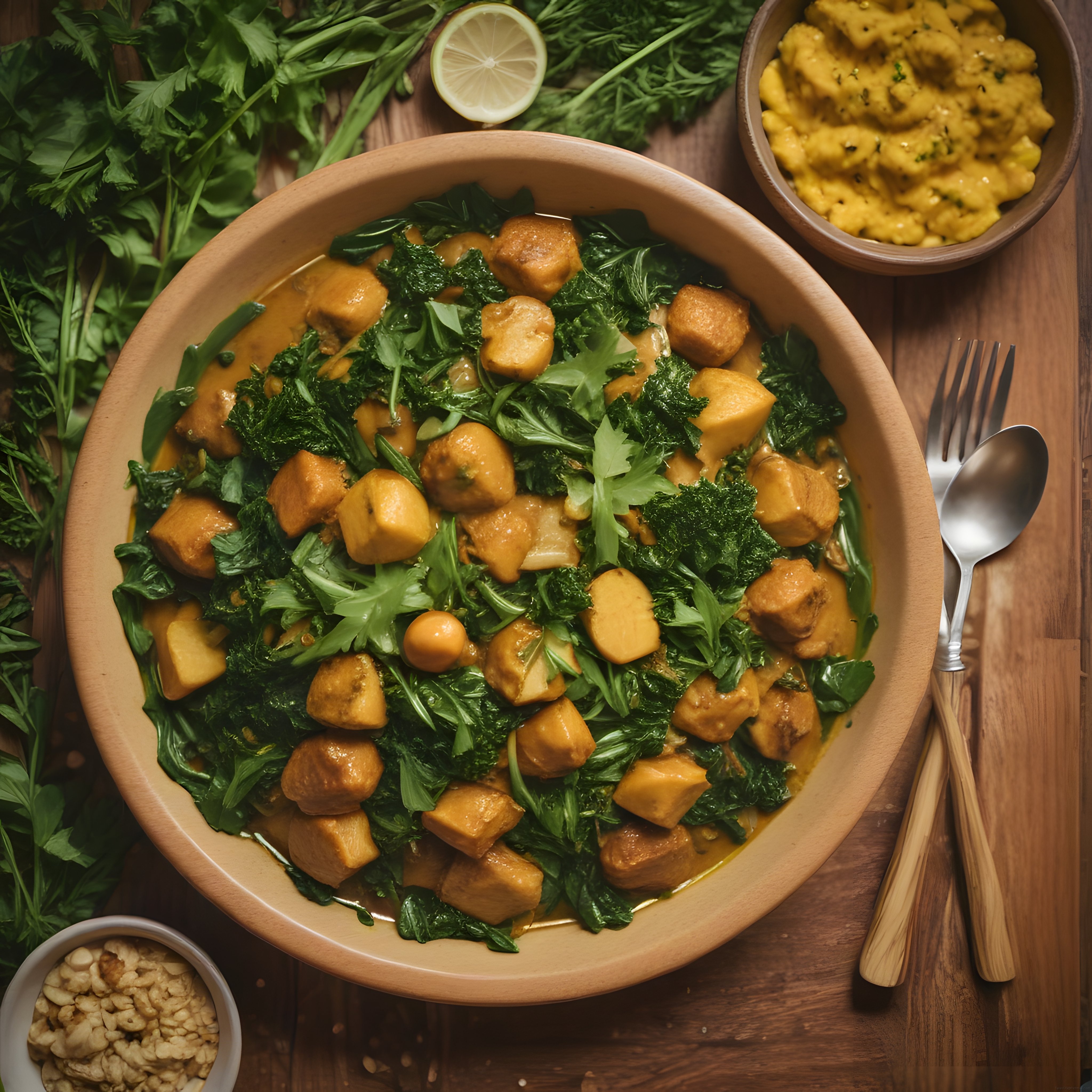 Ahşap Masada Körili Tofu, Yeşil Sebzeler ve Sarı Mercimek Kasesi