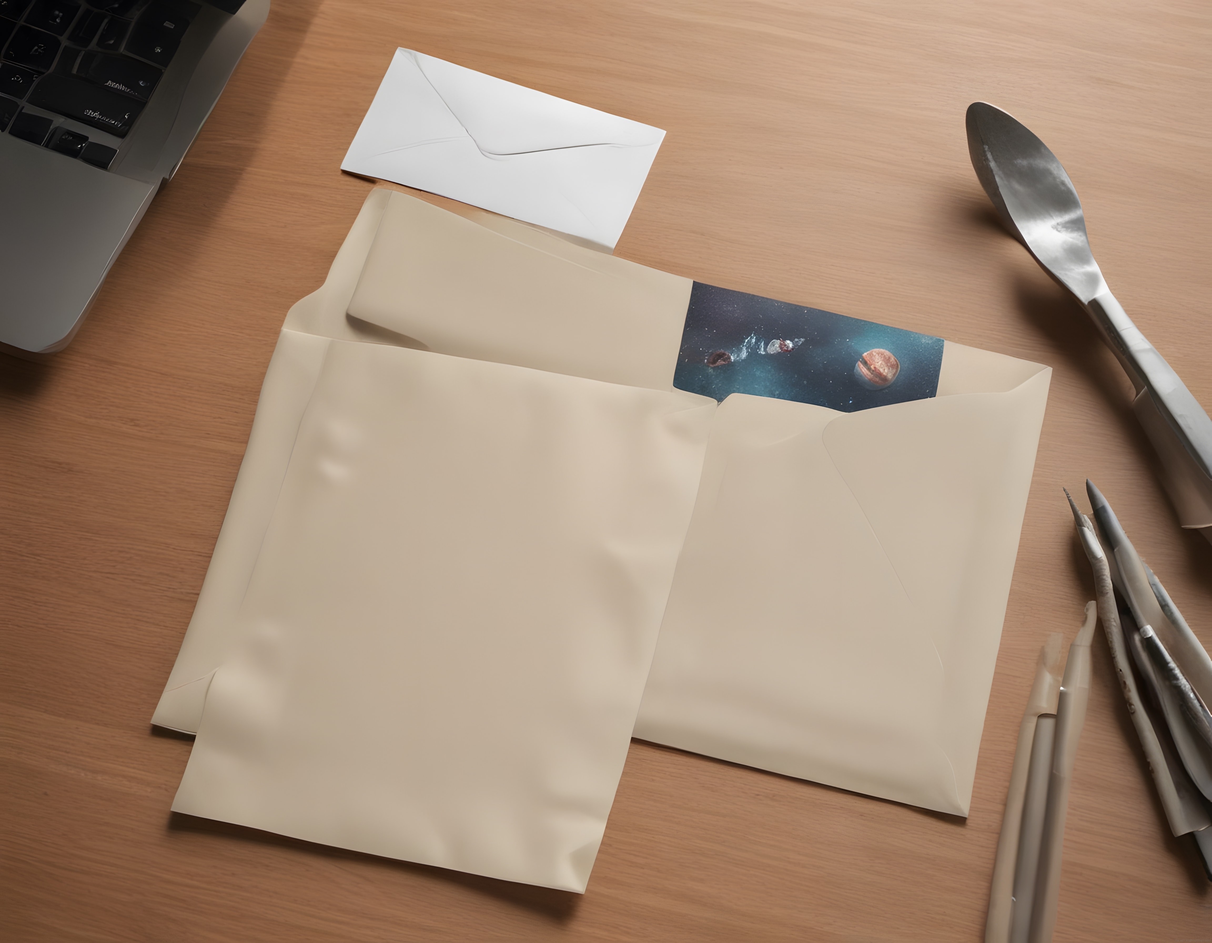 Ahşap masada kraft zarf ve uzay temalı fotoğraf baskısı ürün mockup görünümü