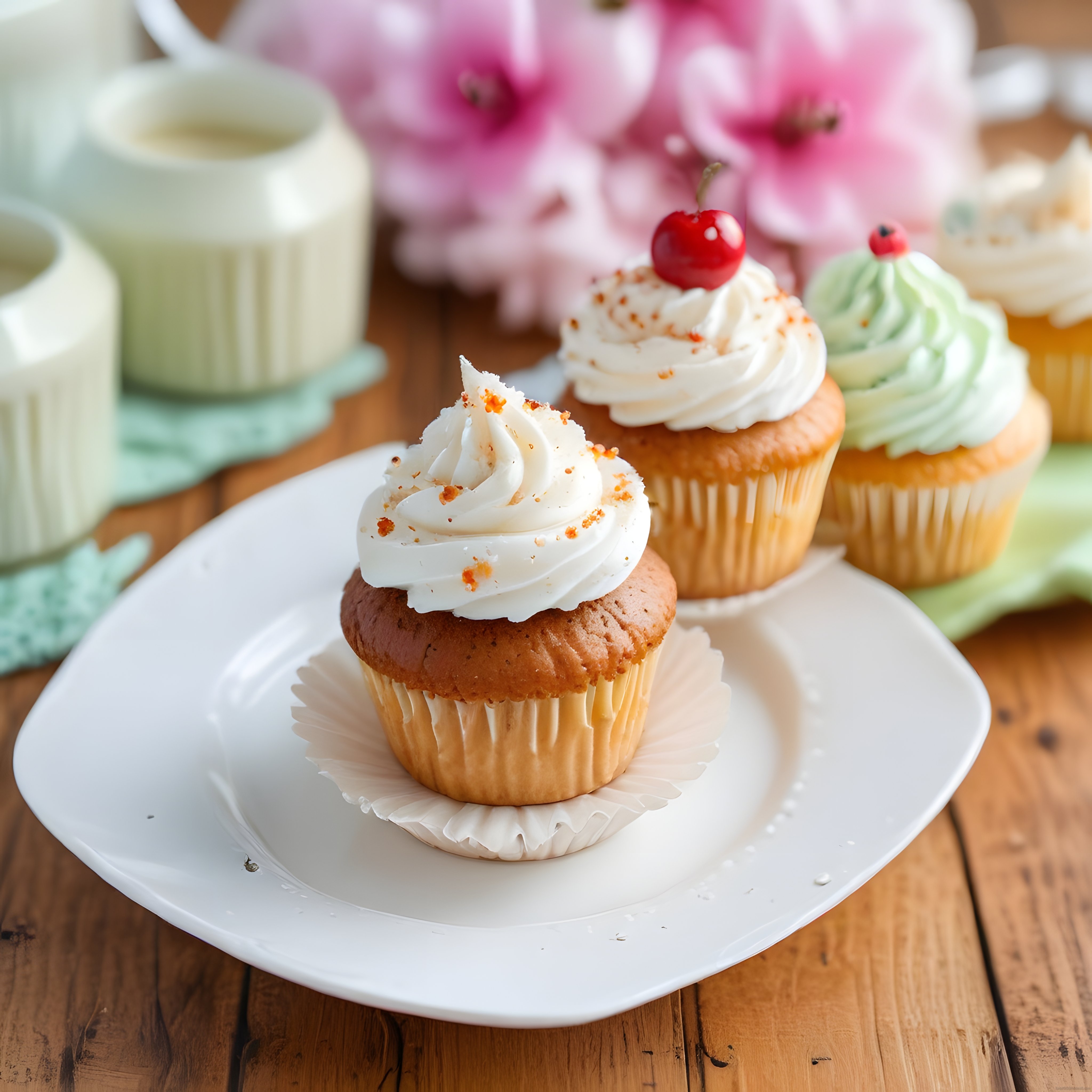 Ahşap Masada Kremalı Cupcakeler ve Pembe Çiçeklerle Romantik Tatlı Sunum