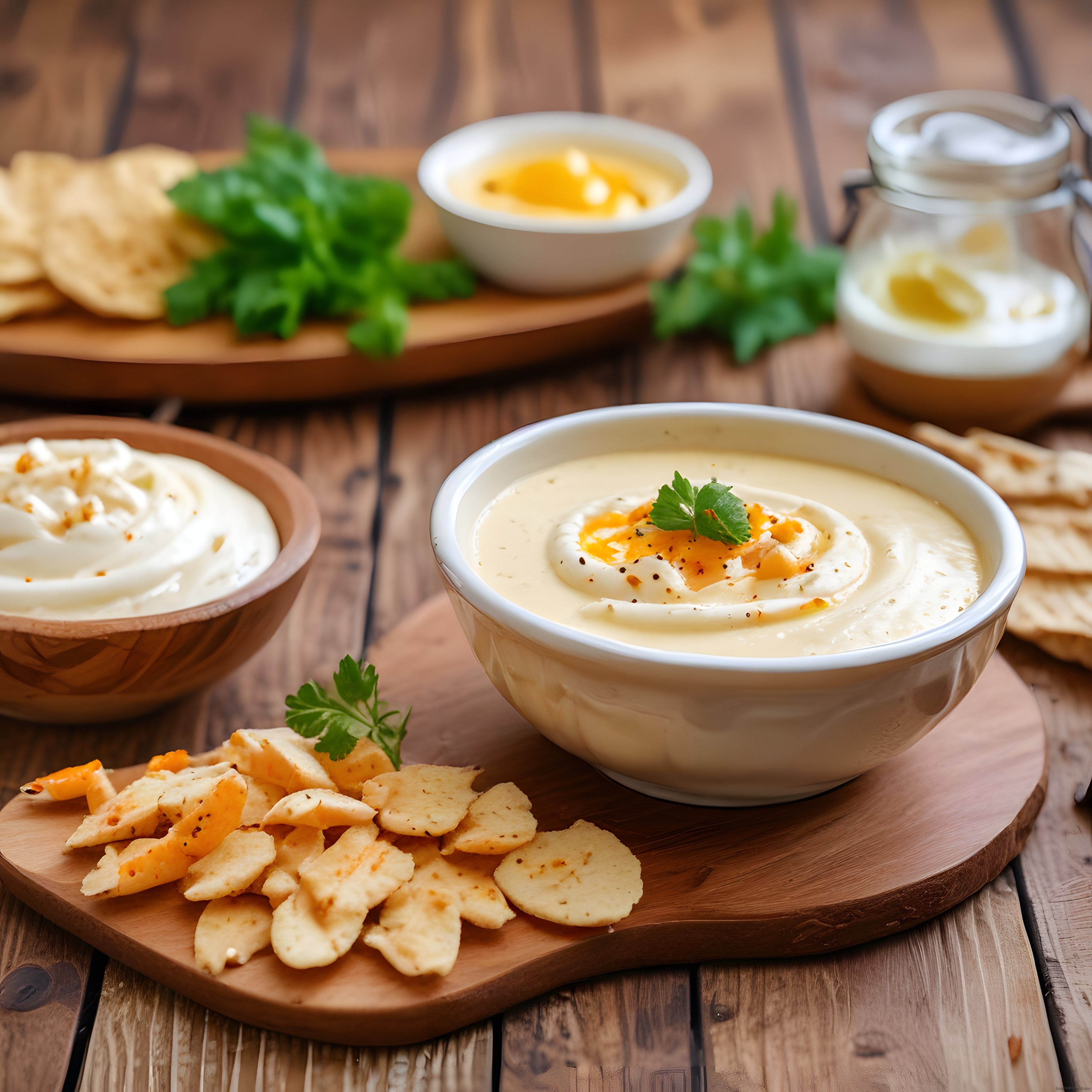 Ahşap masada kremalı dip sos ve çıtır krakerlerle hazırlanmış şık bir sunum