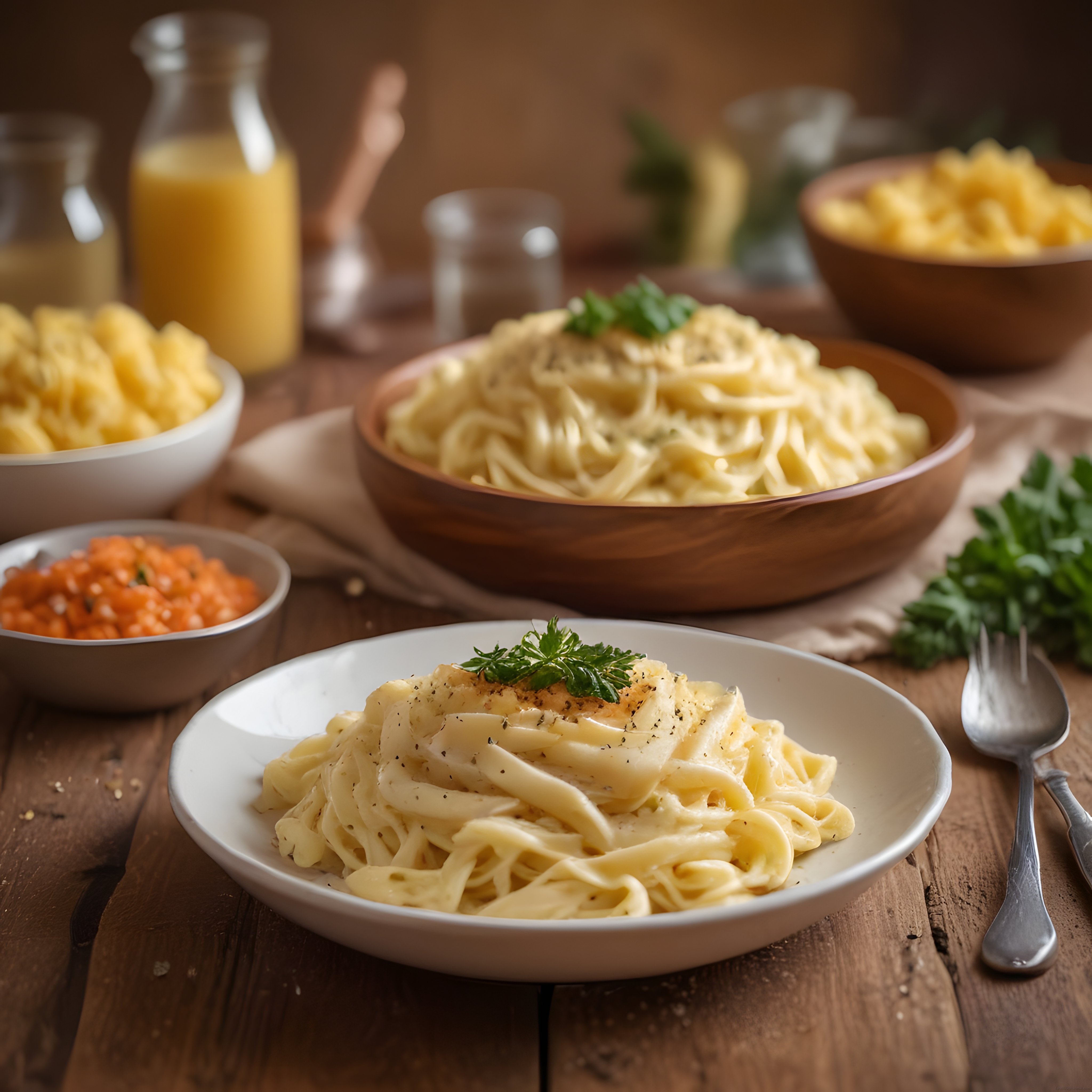 Ahşap masada kremalı fettucini alfredo makarna sunumu ve rustik tarif atmosferi