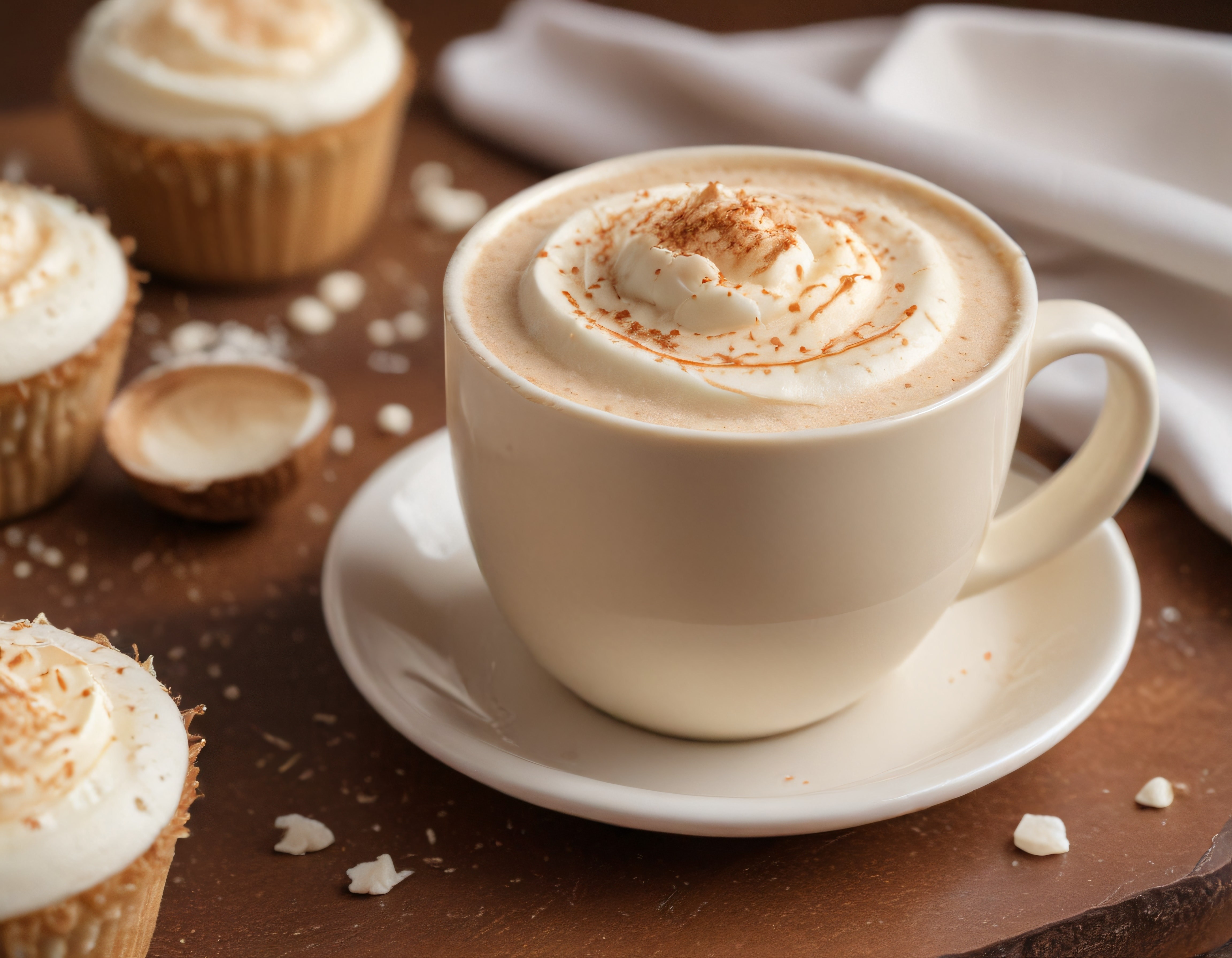 Ahşap masada kremalı içecek ve cupcakelerle sıcak bir tatlı molası