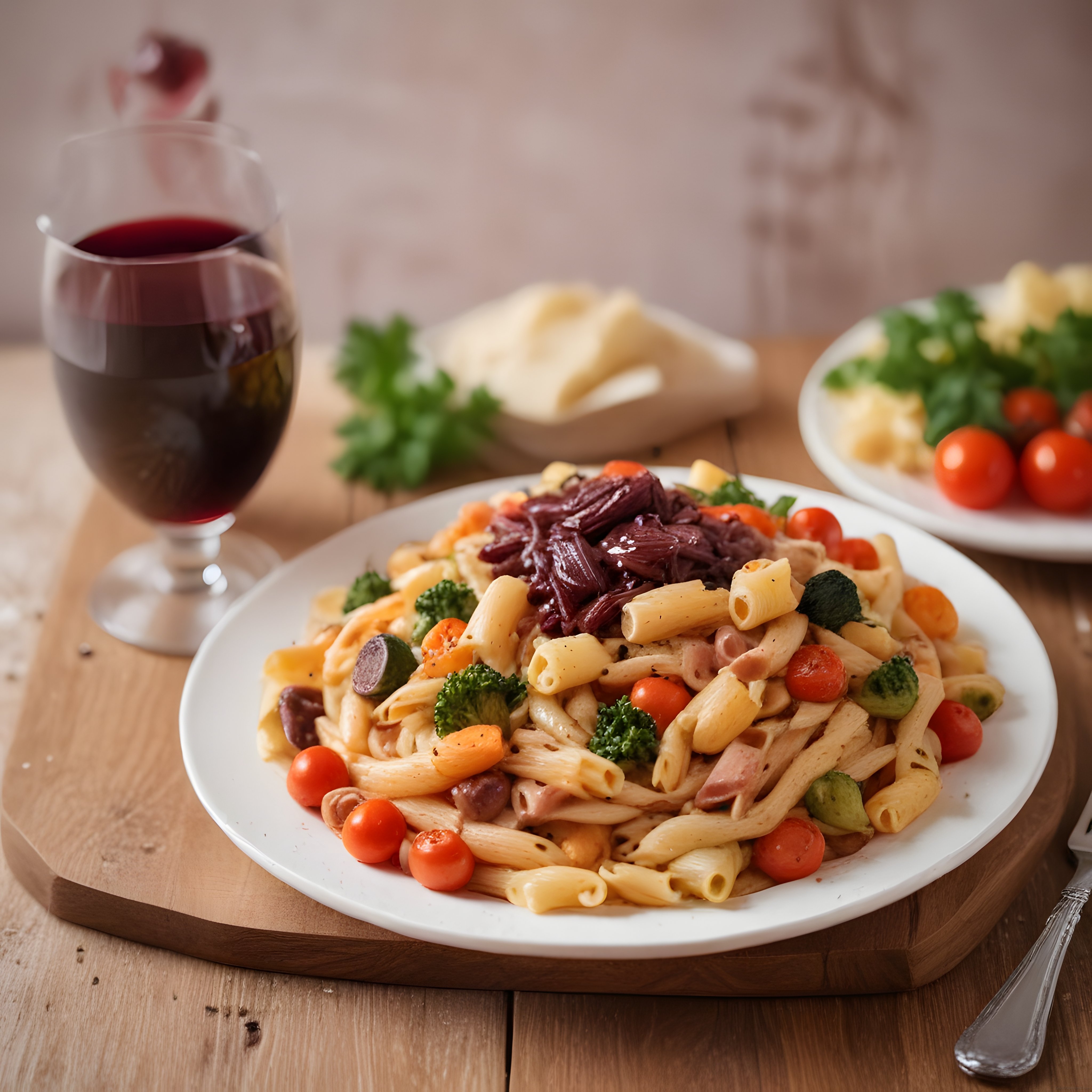 Ahşap Masada Kremalı Sebzeli Penne Makarna Tabağı ve Kırmızı Şarap Sunumu