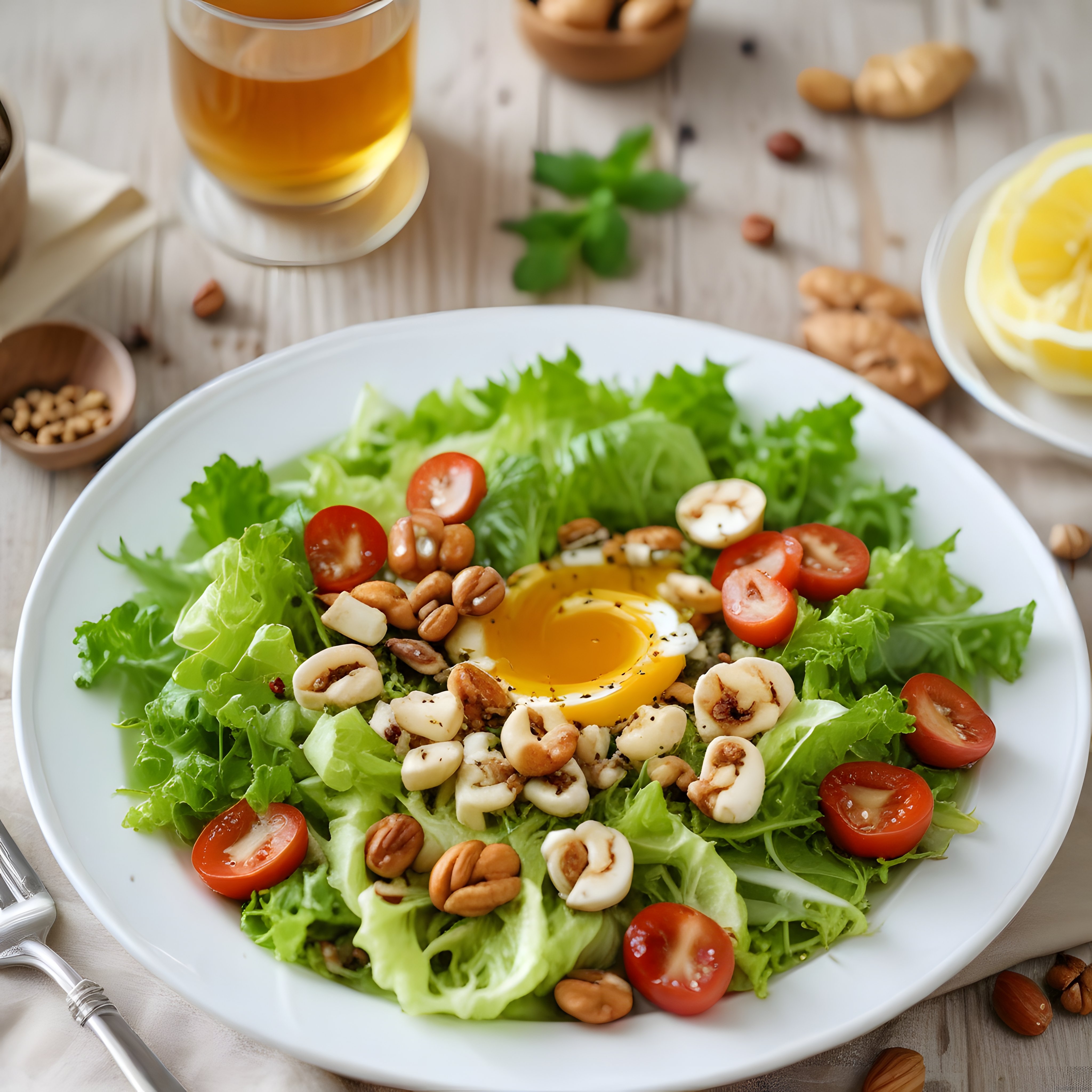 Ahşap Masada Kuruyemişli ve Akışkan Yumurtalı Taze Salata Sunumu