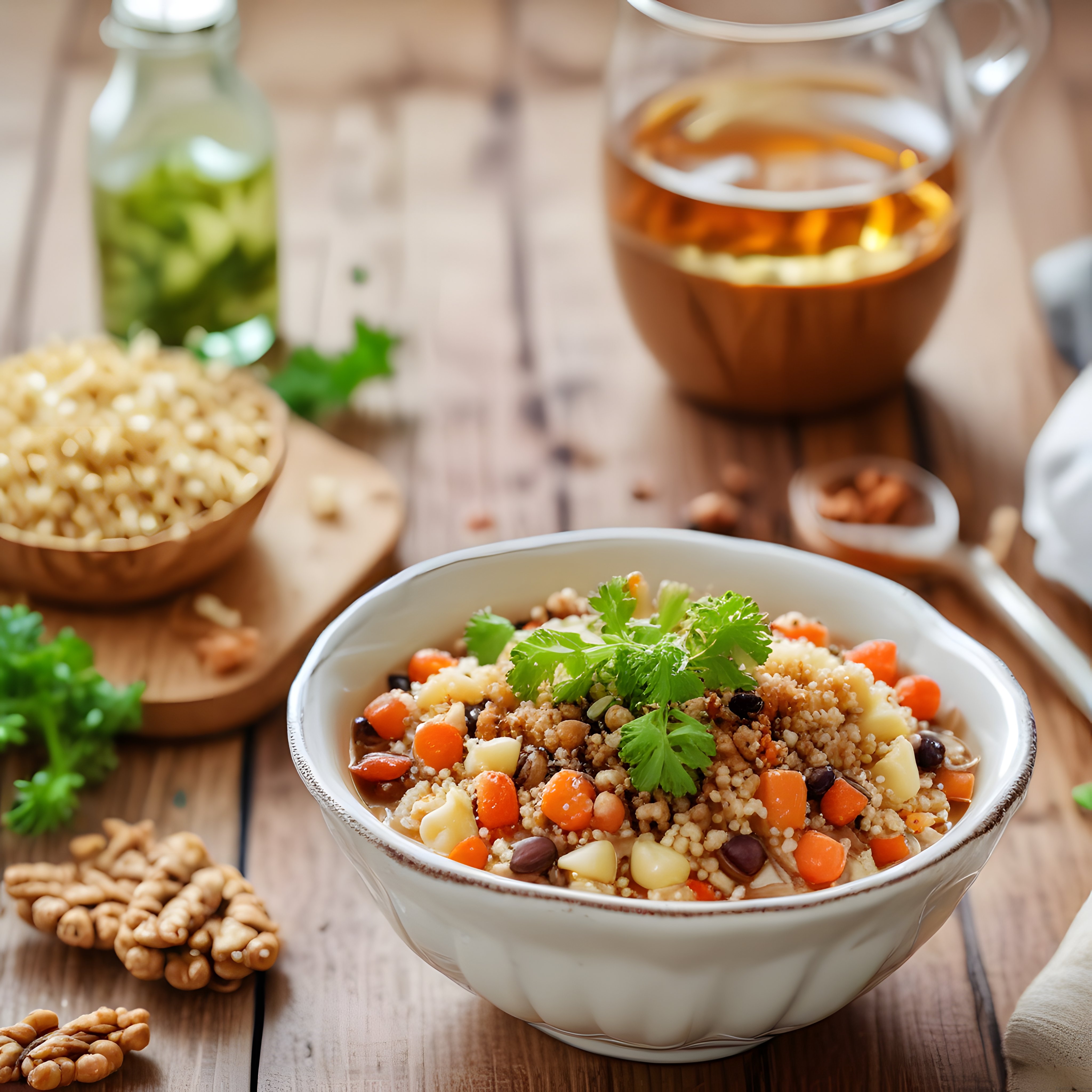 Ahşap Masada Kuskuslu Nohutlu Sağlıklı Vegan Kase: Sıcak Tarif Sunumu