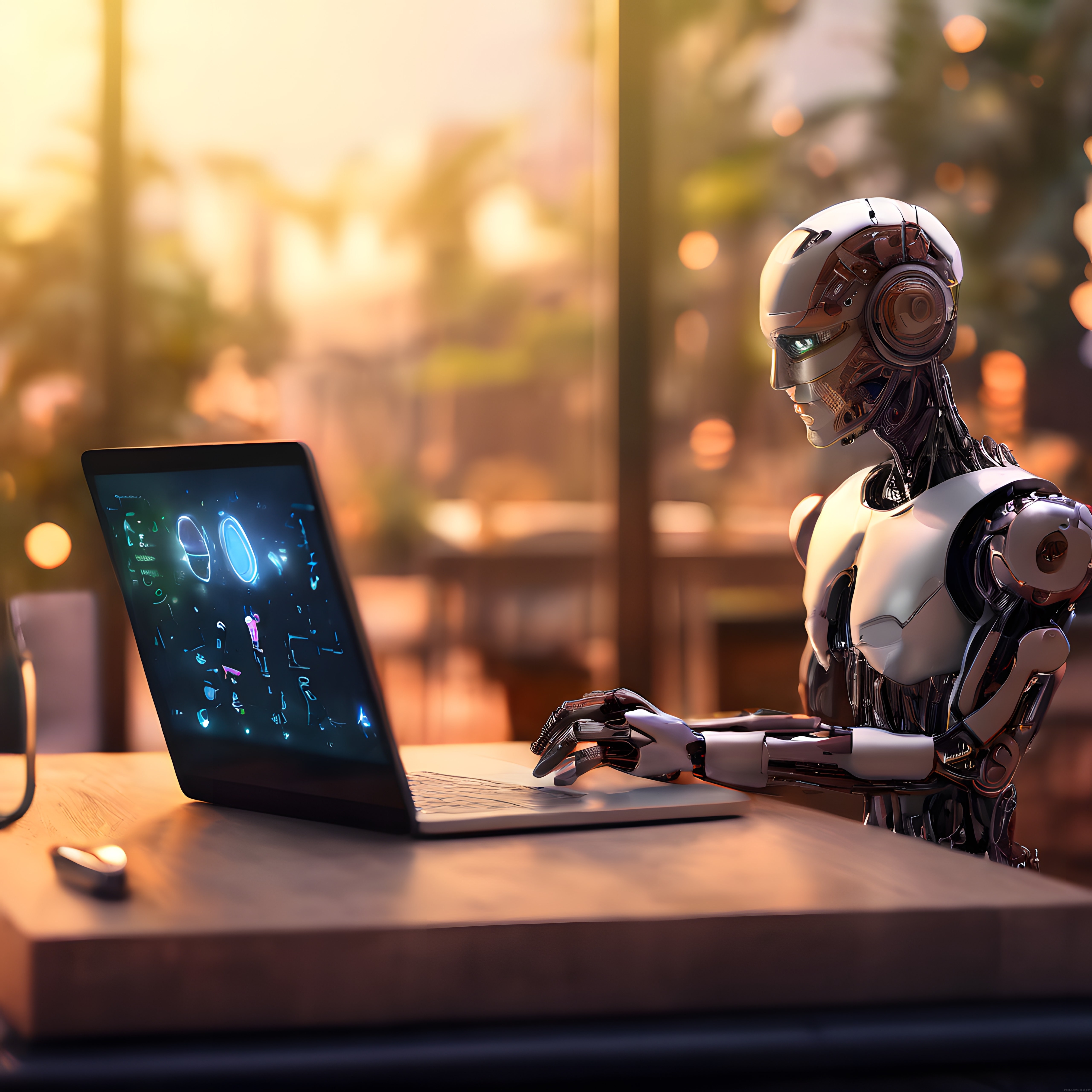 Ahşap masada laptop kullanan humanoid robot ve sıcak ofis atmosferi