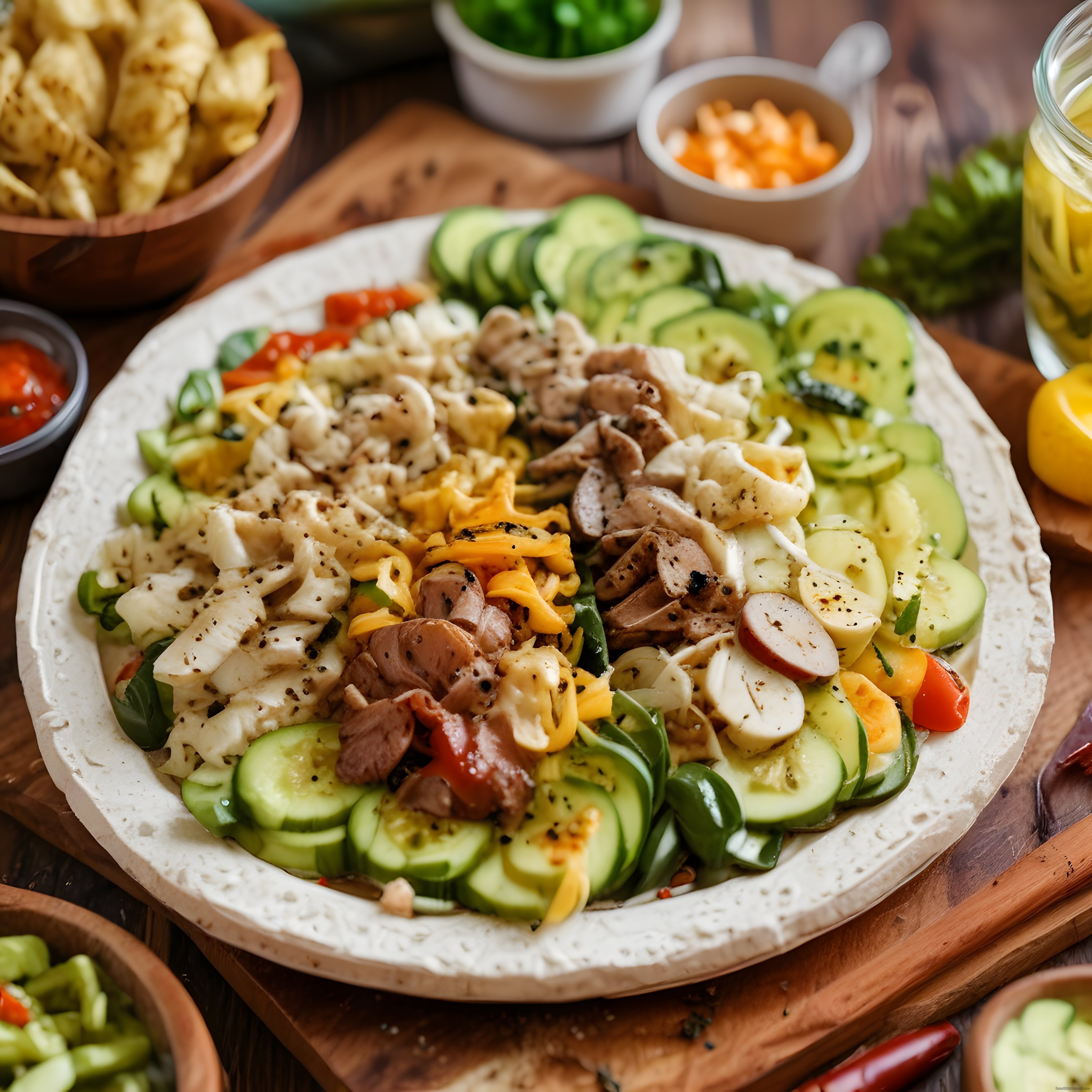 Ahşap Masada Lavaş Üzerinde Kahvaltılık Brunch Tabağı ve Taze Sebzeler