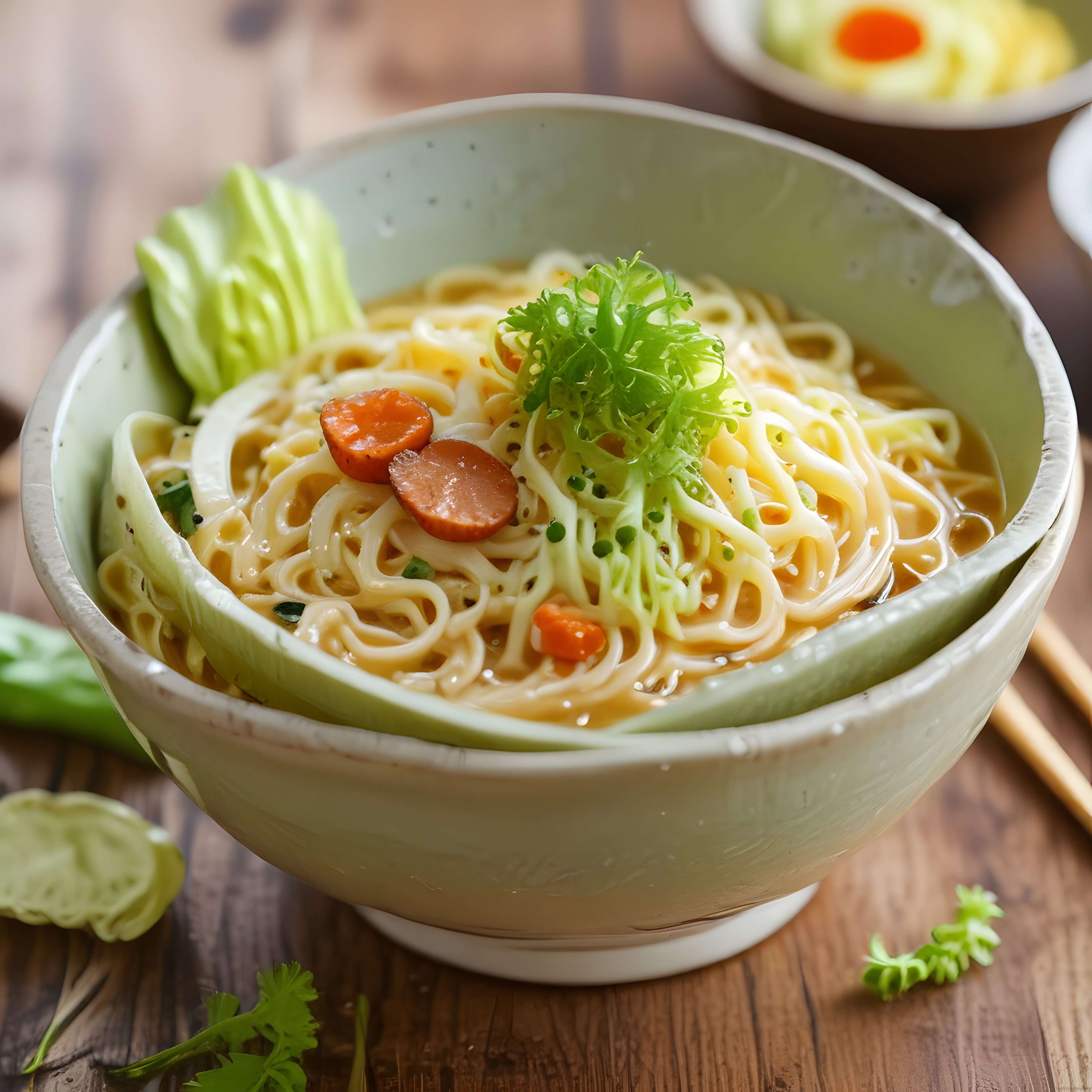 Ahşap Masada Lezzetli Sosisli Noodle Çorba Kasesi ve Taze Yeşillikler