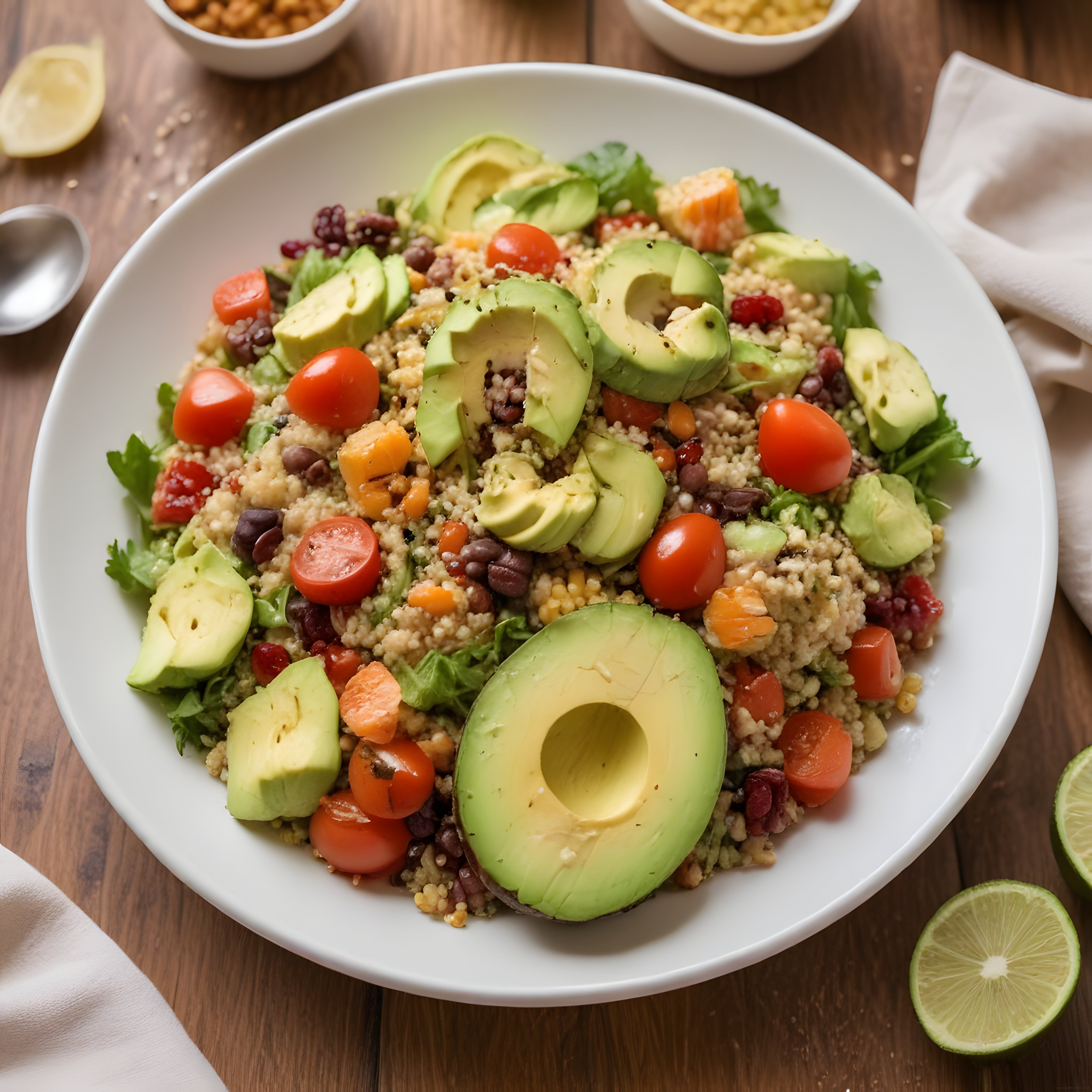 Ahşap Masada Limon Eşliğinde Taze Avokado ve Kinoalı Sağlıklı Salata