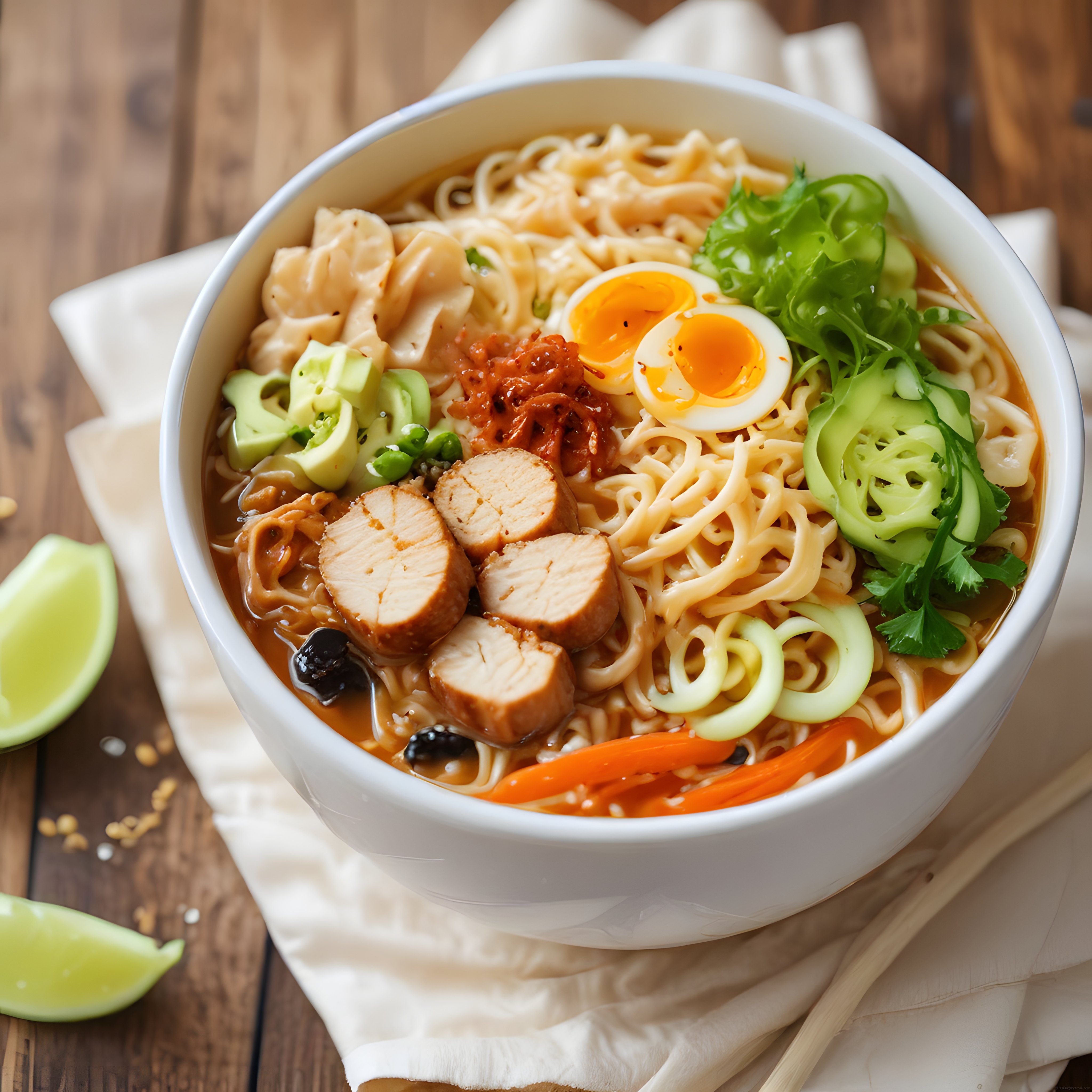 Ahşap Masada, Limon Süslemeli, Tavuklu ve Sebzeli Lezzetli Ramen Kasesi