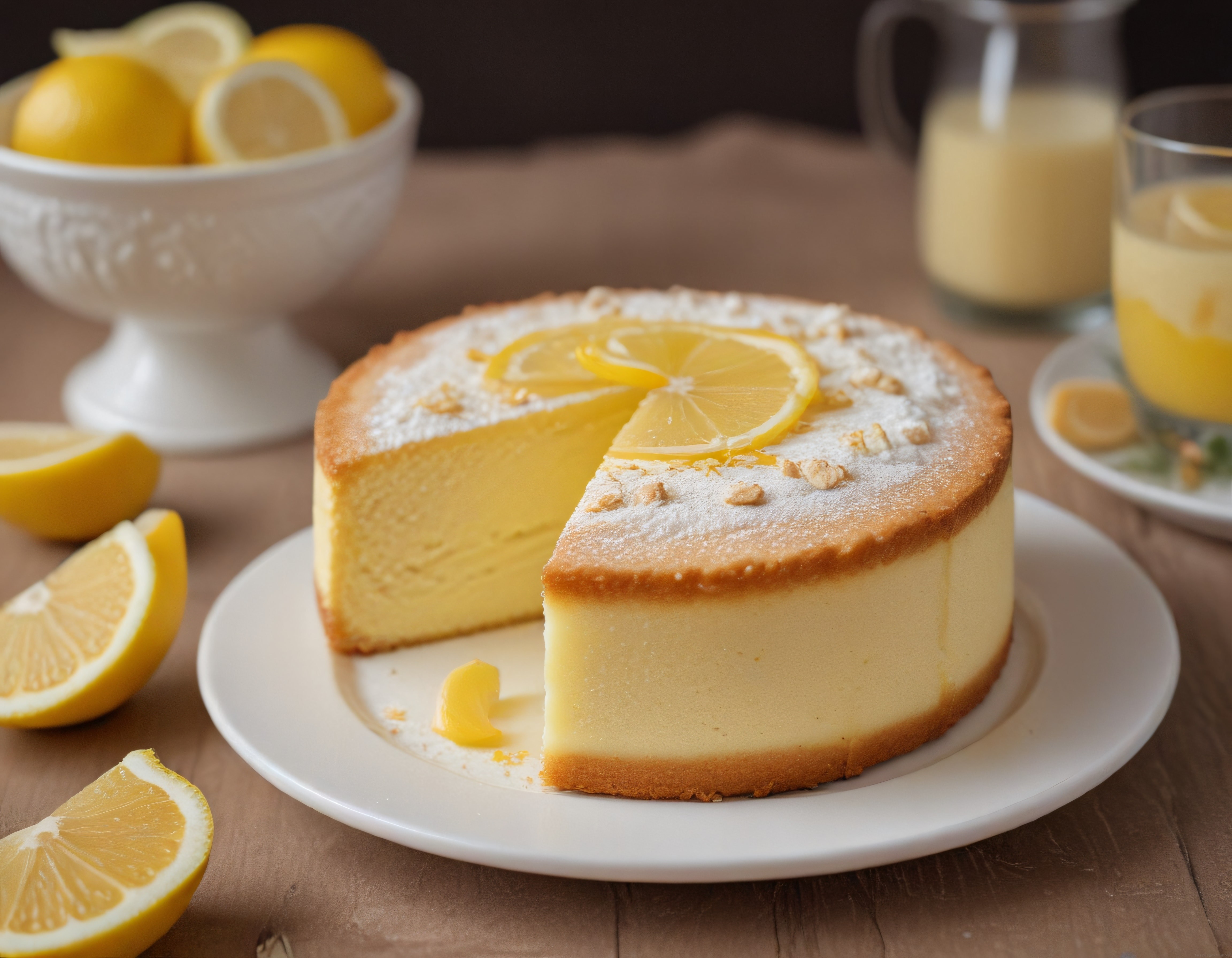 Ahşap Masada Limonlu Cheesecake: Pudra Şekerli Fındıklı Pasta Sunumu