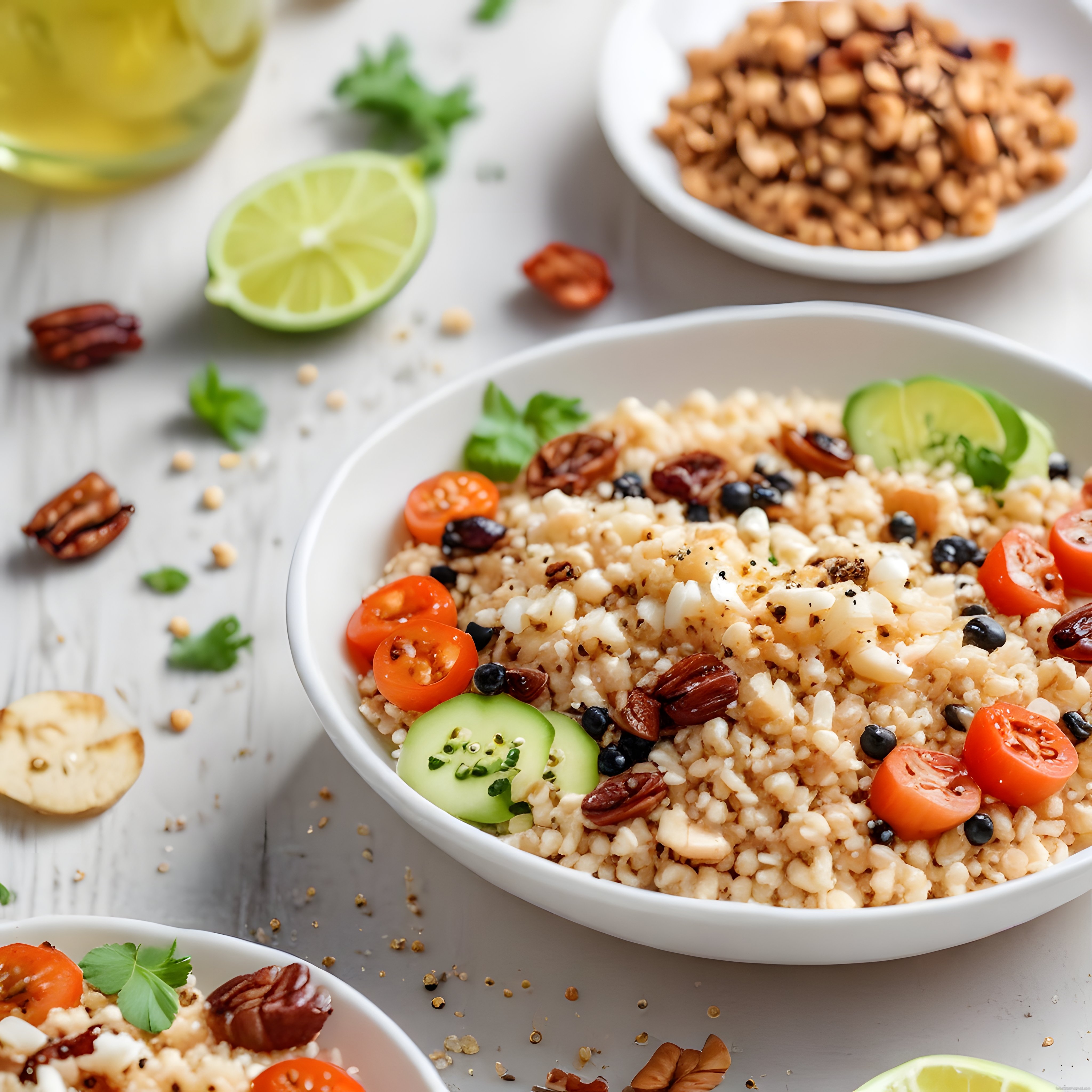 Ahşap Masada Limonlu ve Feta Peynirli Sağlıklı Tahıl Salatası Kasesi