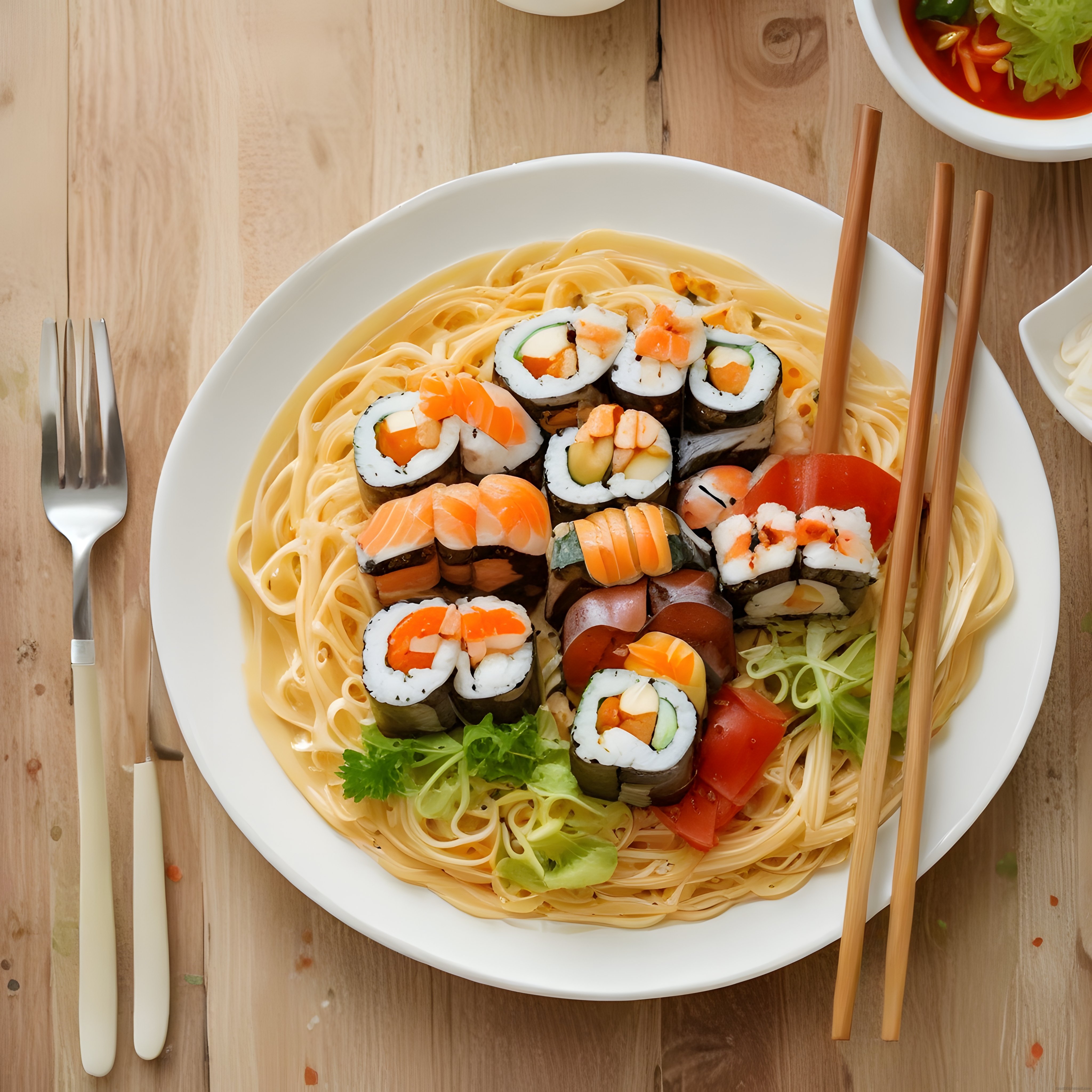 Ahşap Masada Makarna Yatağında Renkli Sushi Çeşitleri ile Japon Mutfağı Sunumu