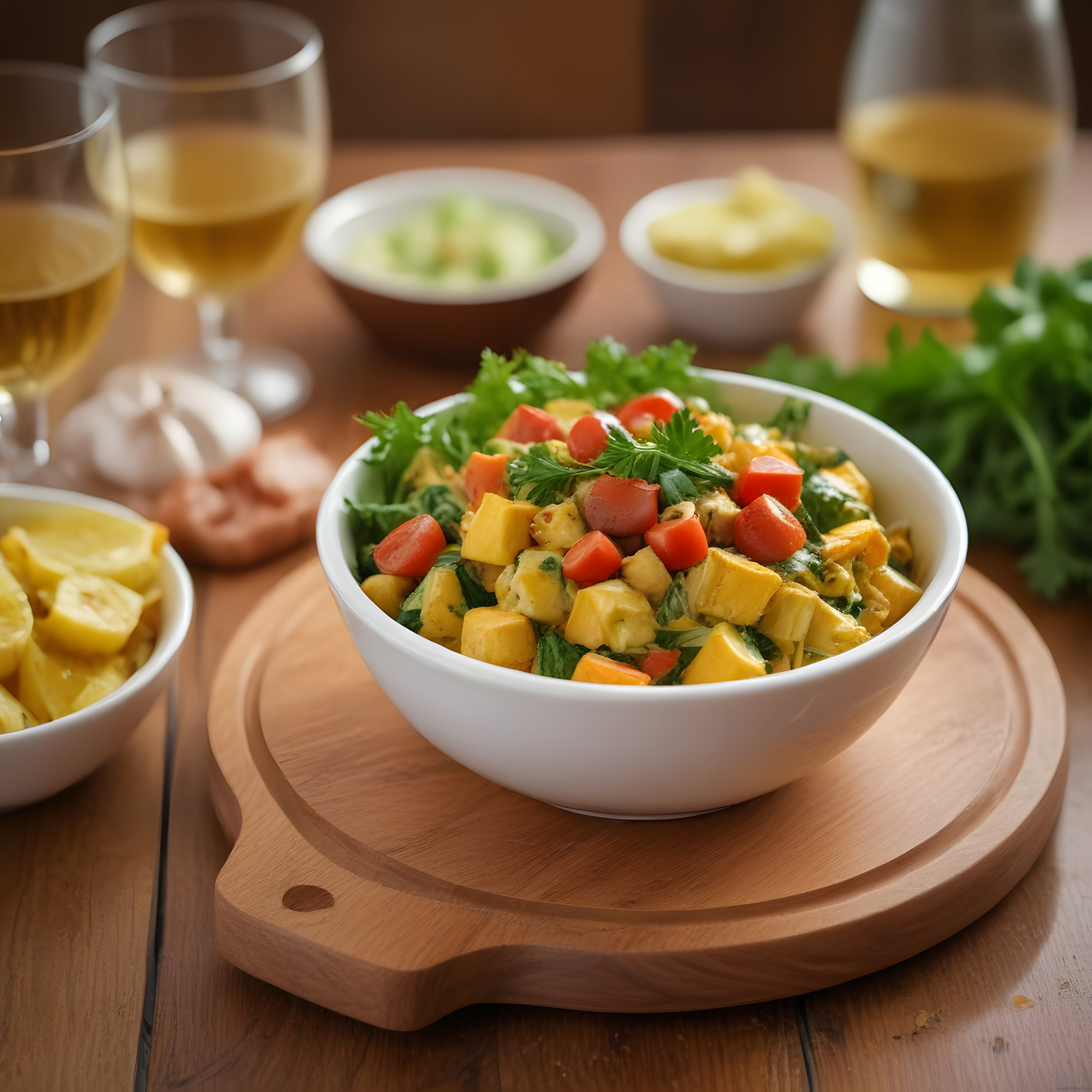 Ahşap Masada Mango Avokadolu Tavuk Salatası ve Beyaz Şarap Sunumu