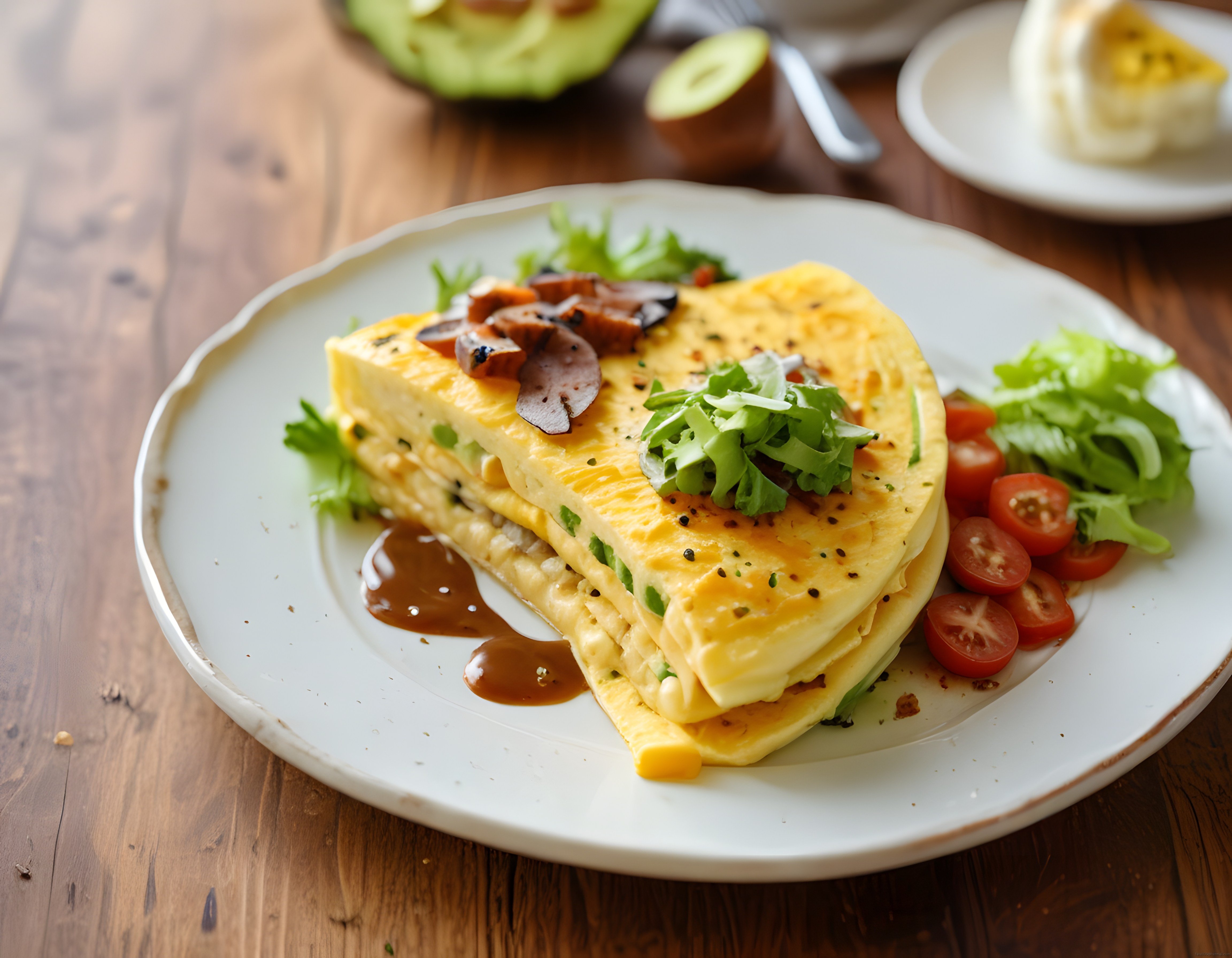 Ahşap Masada Mantarlı İki Katlı Omlet ve Taze Yeşilliklerle Şık Kahvaltı Tabağı