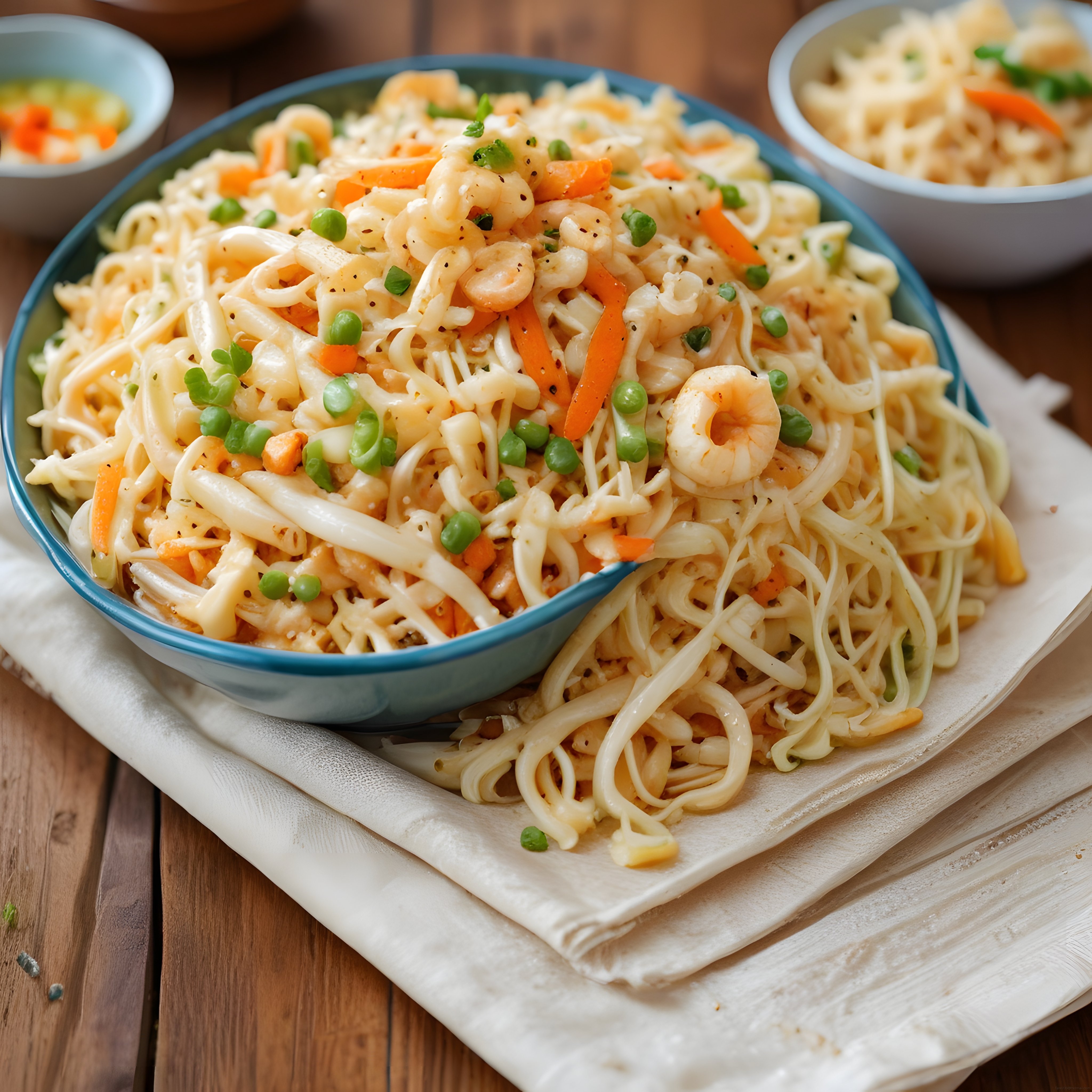 Ahşap Masada Mavi Kasede Karidesli Sebzeli Noodle Makarna Görseli