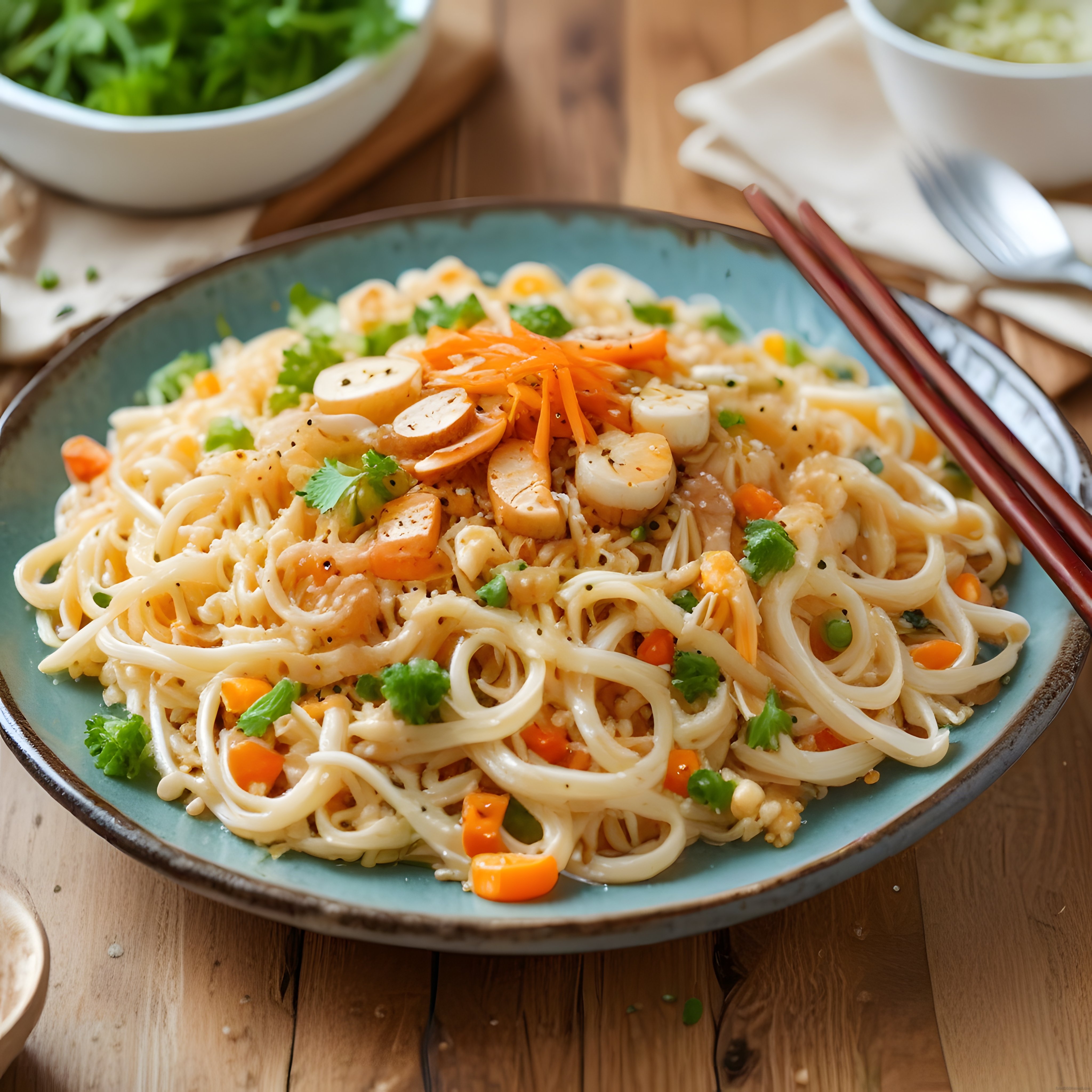 Ahşap Masada Mavi Kasede Kremalı Asya Noodle Makarna ve Sebzeli Sunum