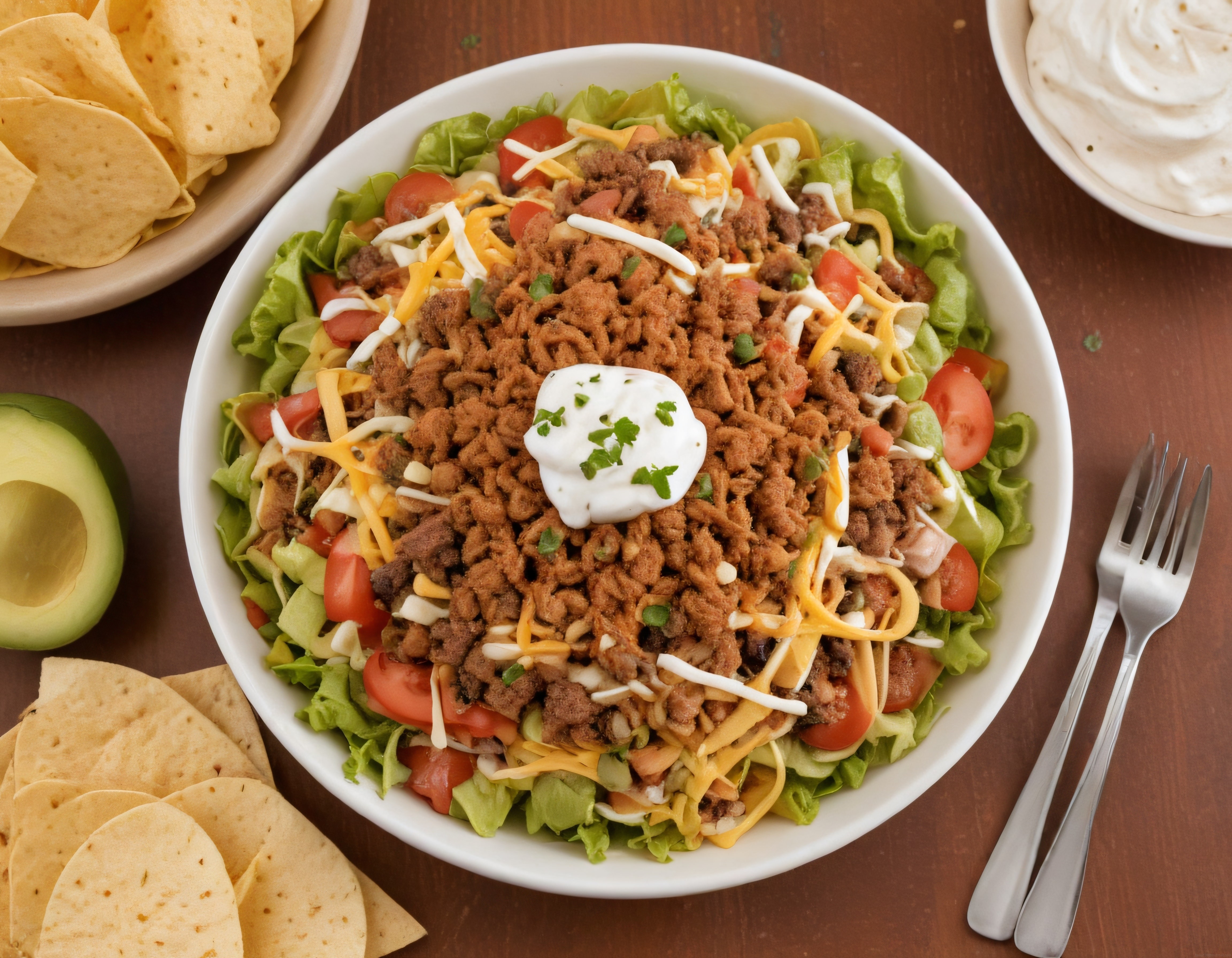 Ahşap Masada Meksika Taco Salatası: Kıyma, Peynir, Nacho ve Ekşi Krema